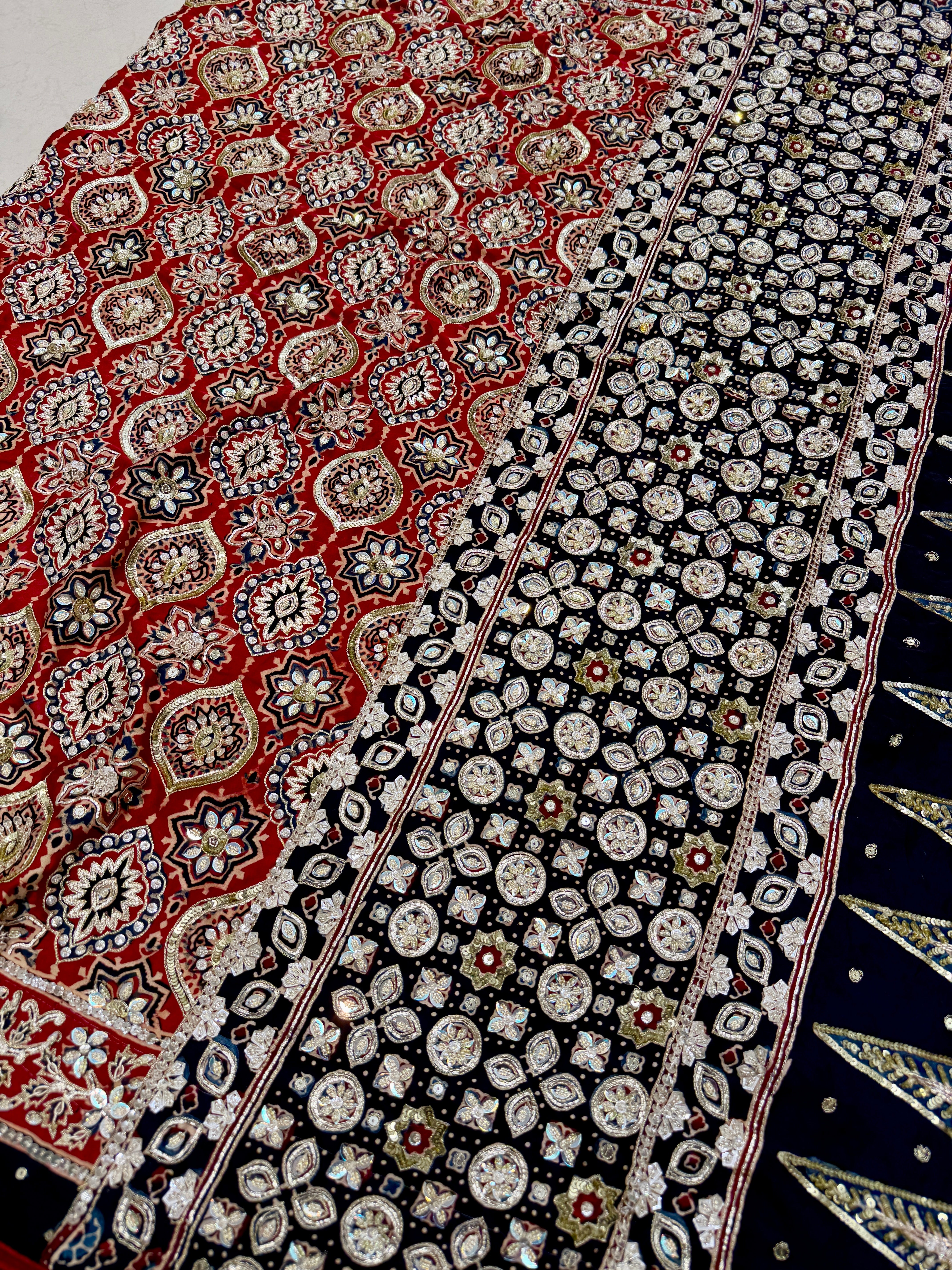 Red Black Badam Jaal French Knot Pita Zardosi Sequin Ajrakh Hand Embroidery Saree