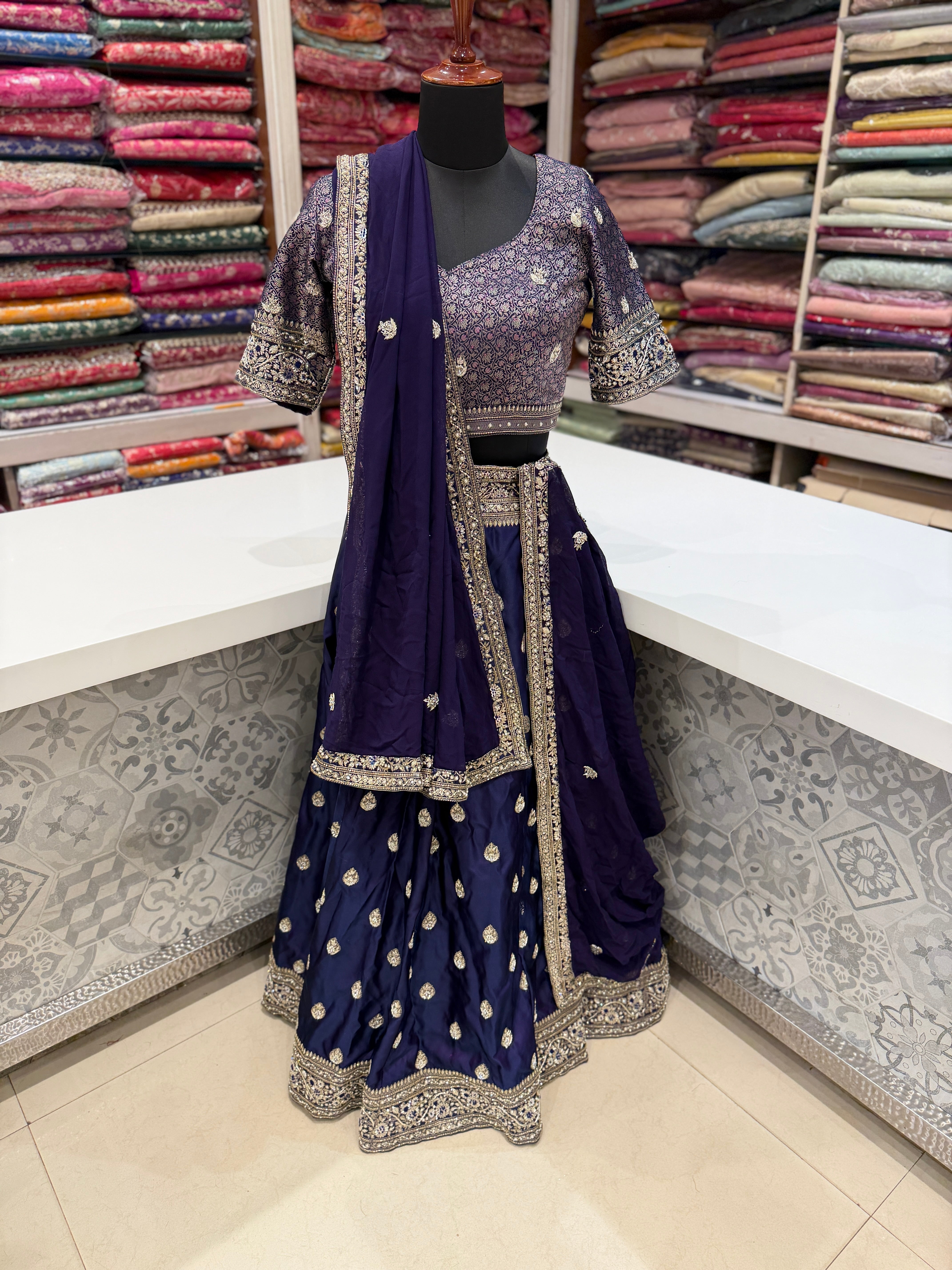 Cross Violet Banarasi Hand Embroidery Lehenga