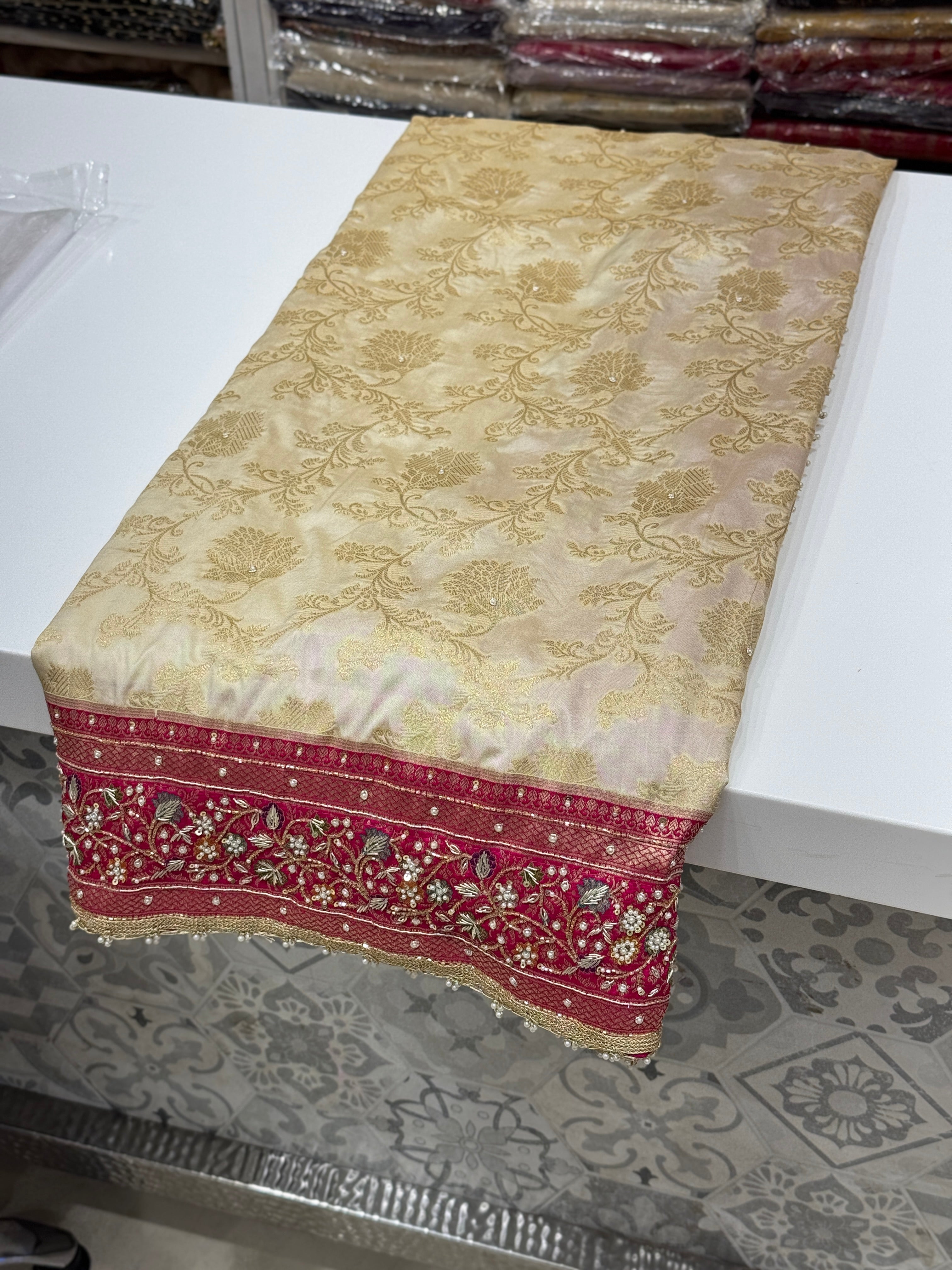 Beige Rani Banarasi Border Hand Embroidery Saree