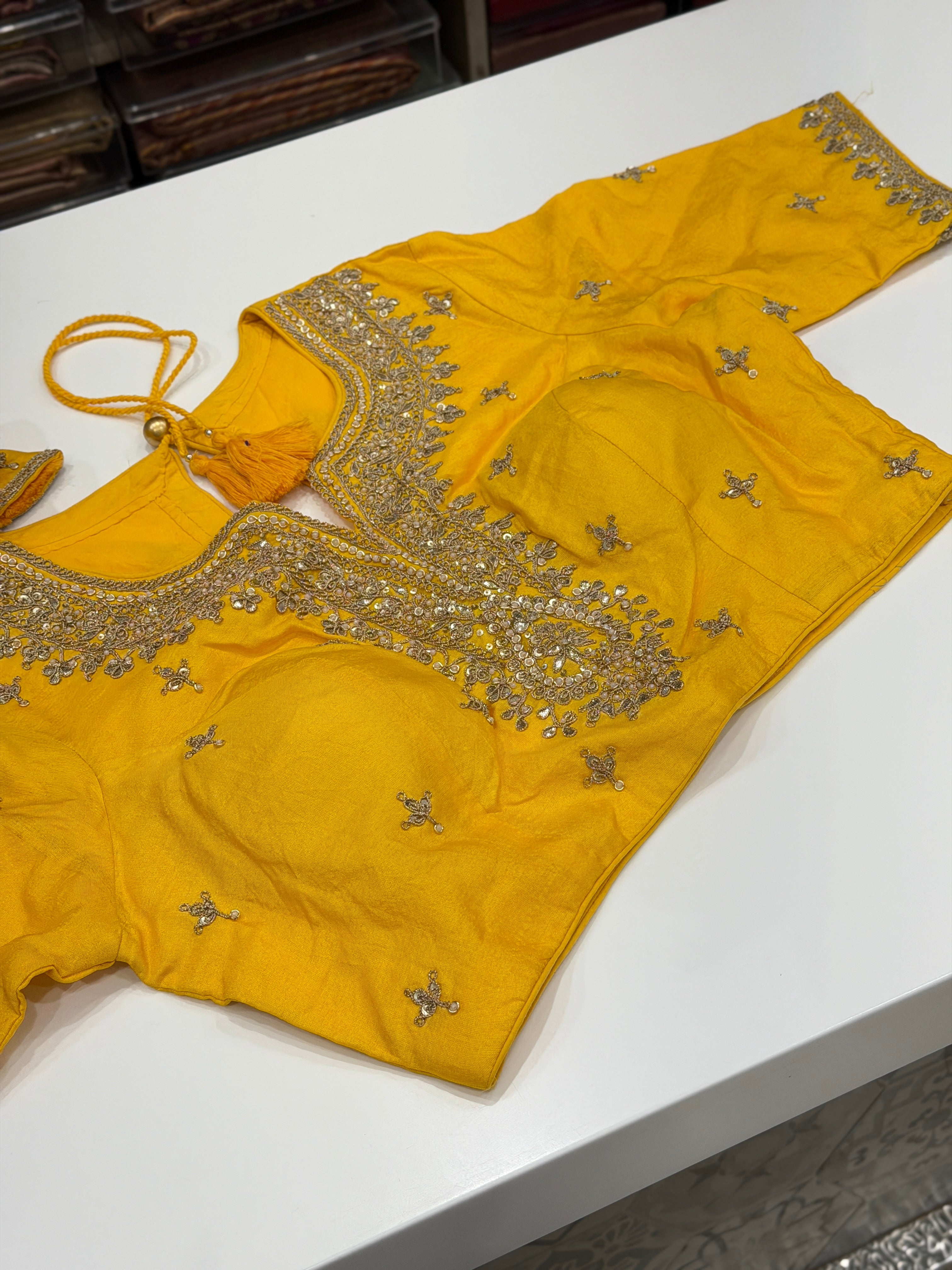 Yellow Crushed Tussor Arashi Shibori Dye with Marodi Embroidery Ready Blouse Saree
