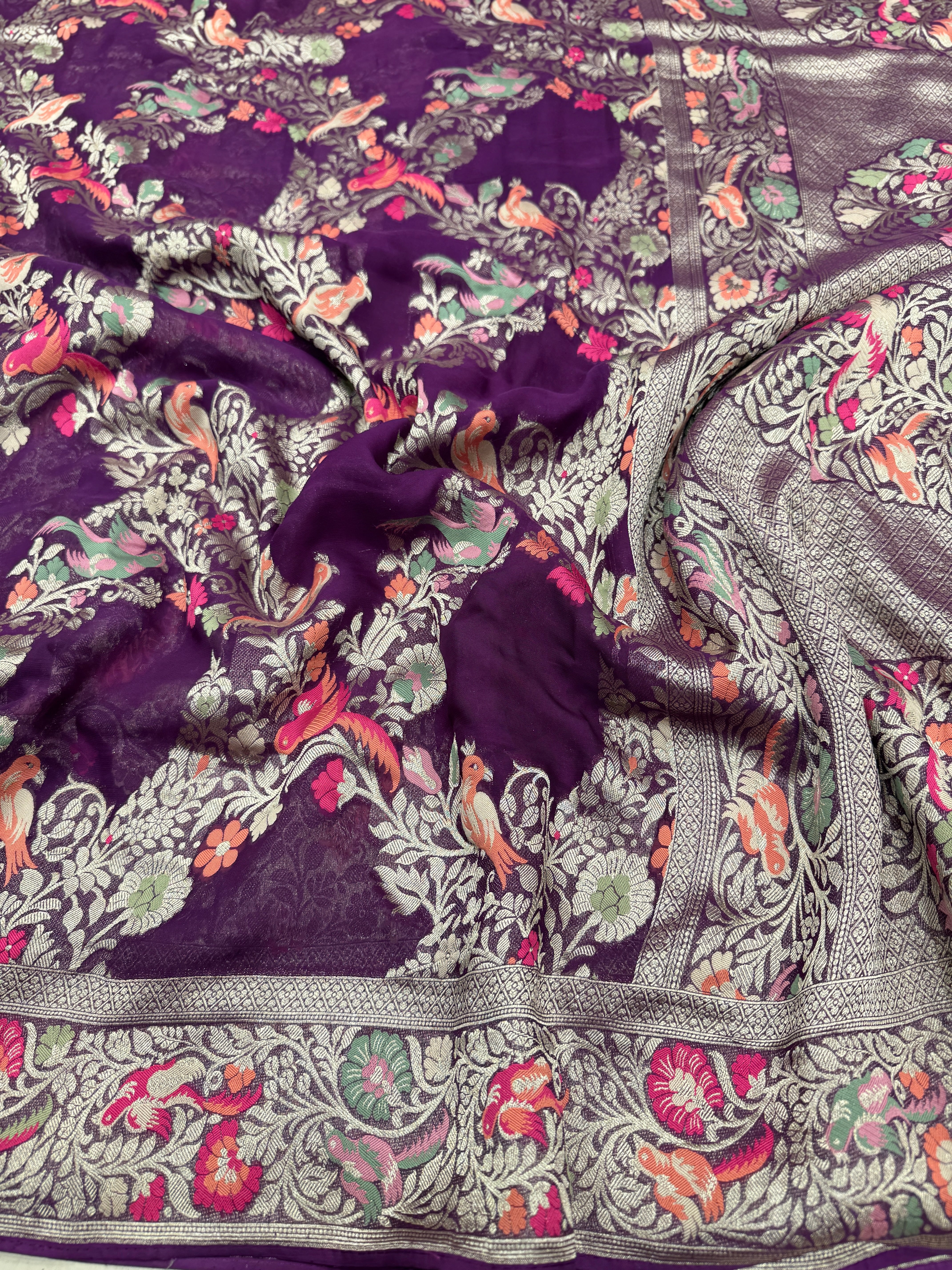 Purple Georgette Criss Cross Birds Theme Saree