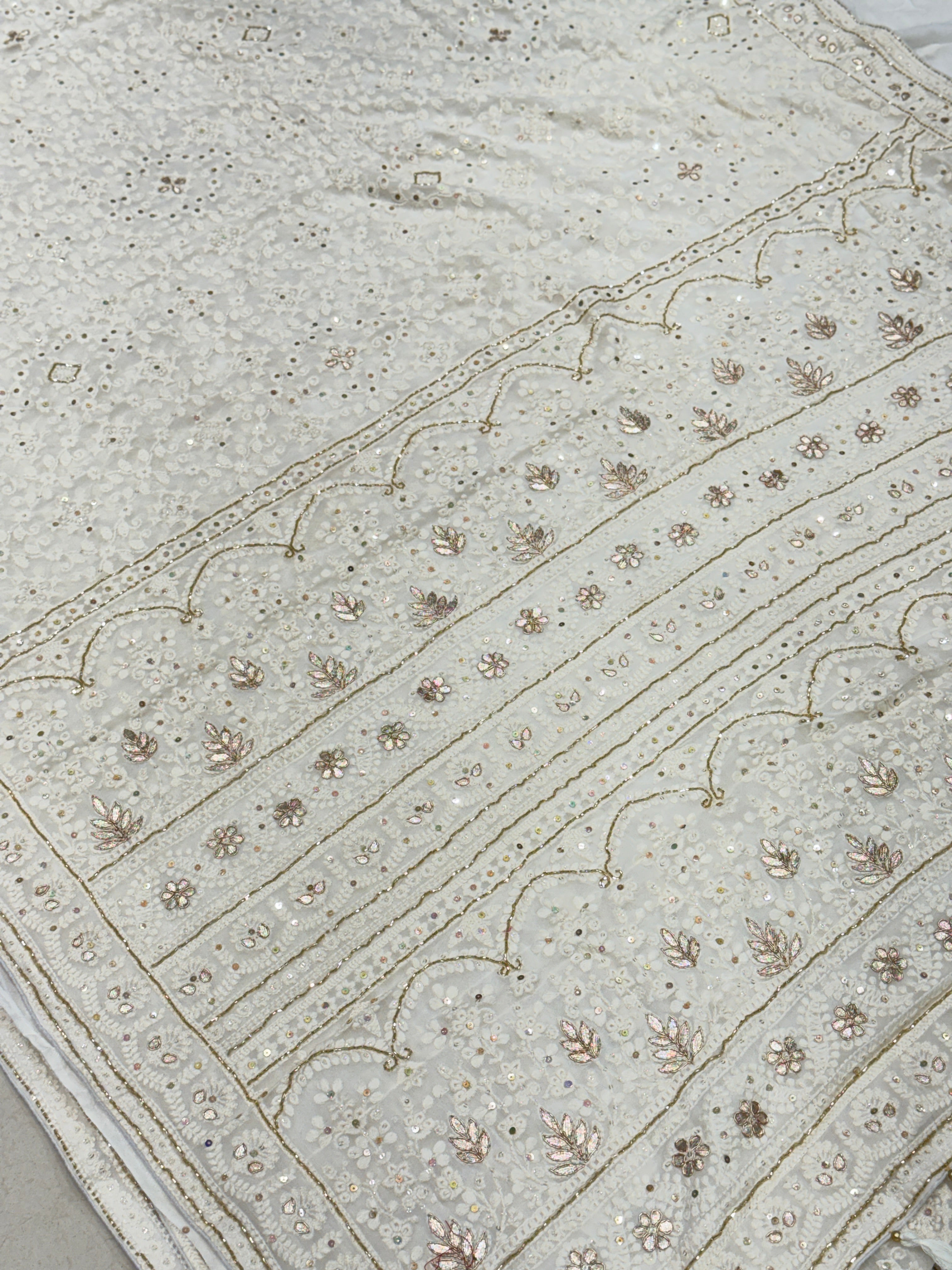 White Chikankari on Georgette with Cutdana Hand Embroidery