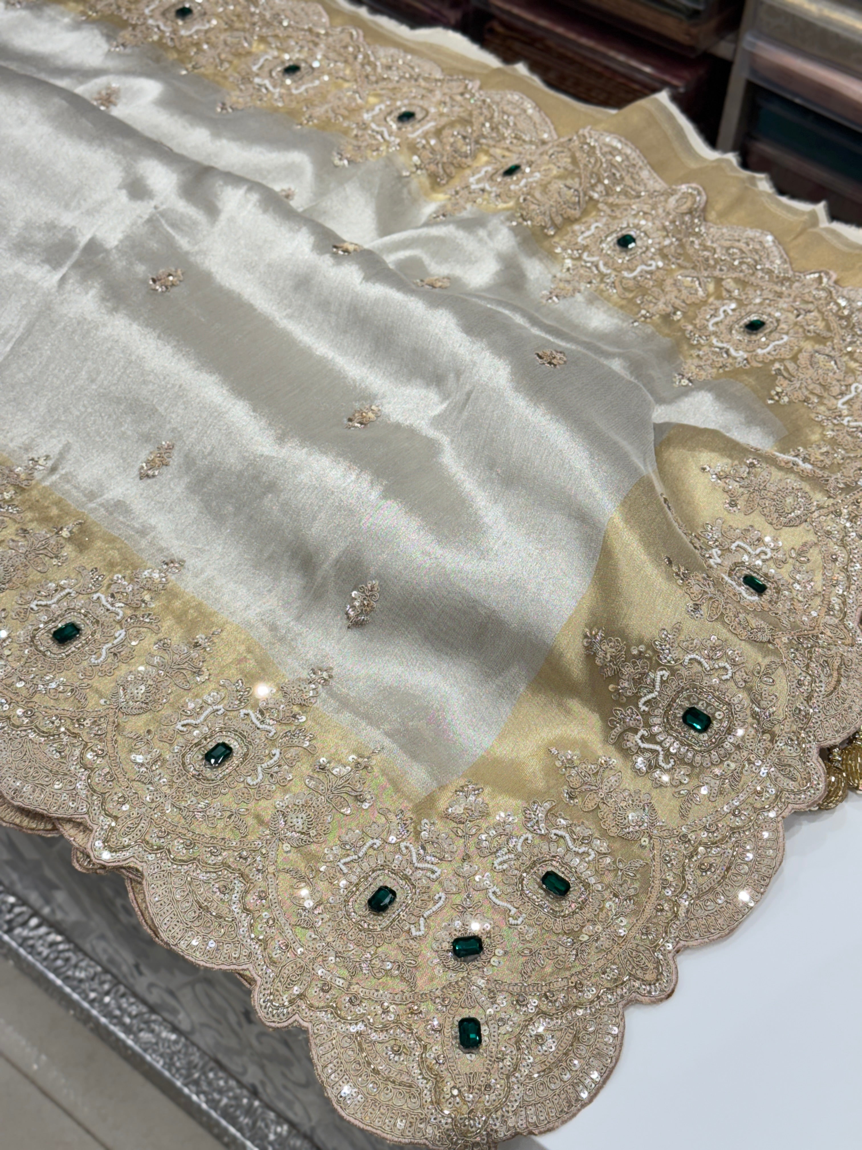 Golden Silver Soft Tissue Moti Crystal Embroidery Saree
