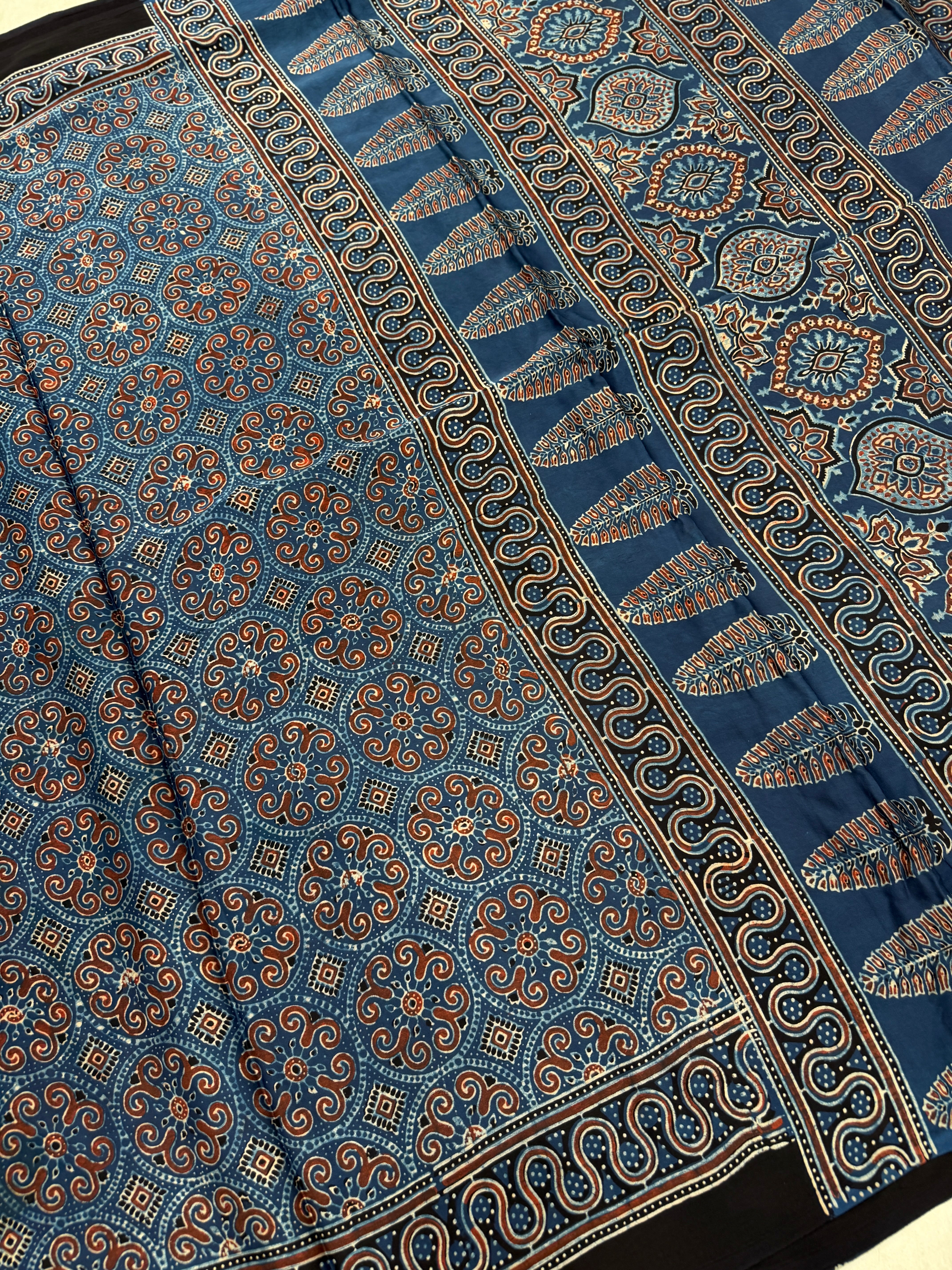 Blue Gol Jaal Ajrakh Hand Block Print Pure Gajji Silk Saree