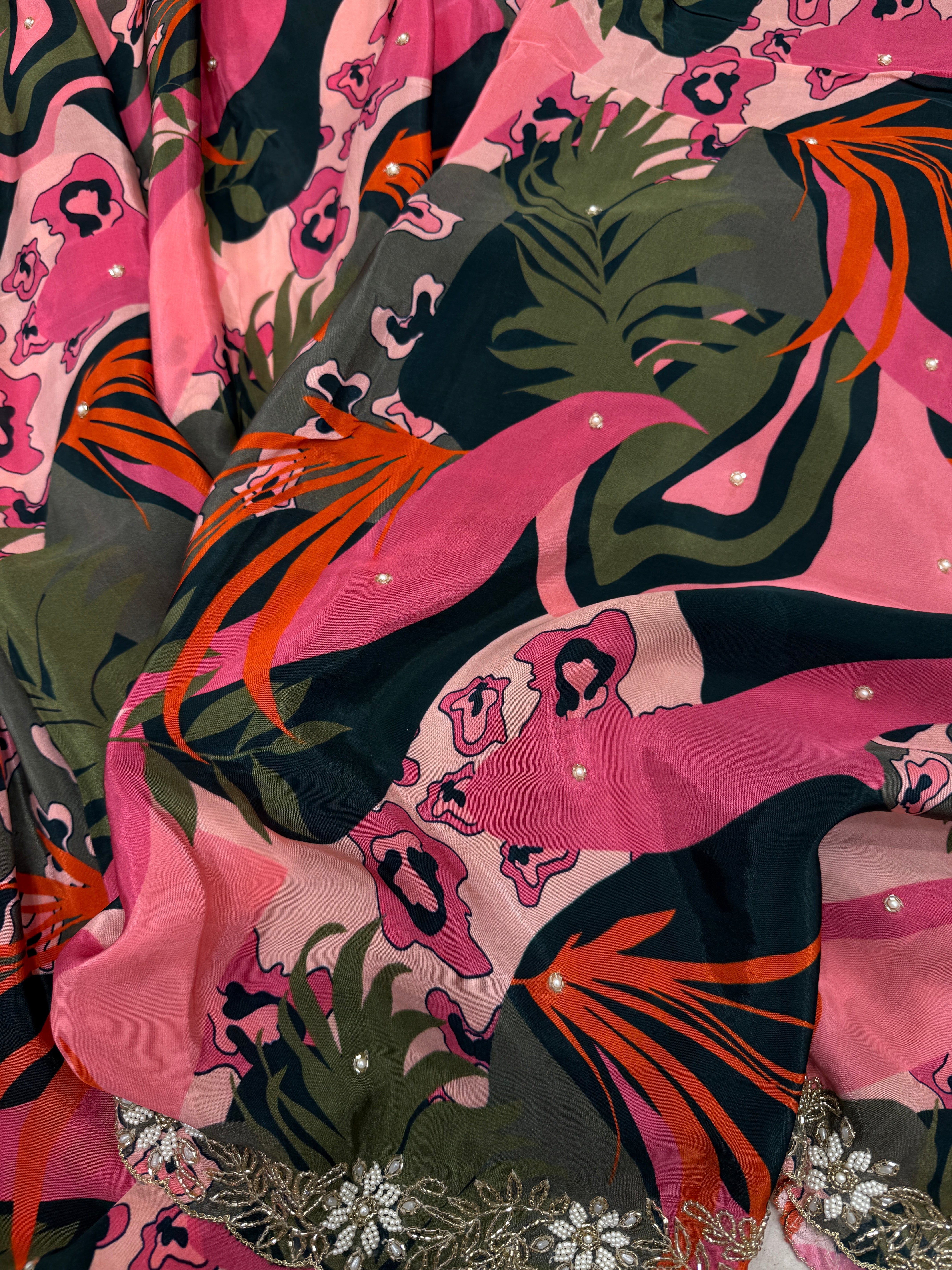 Bottle Green Floral Muslin Print Hand Embroidery Saree