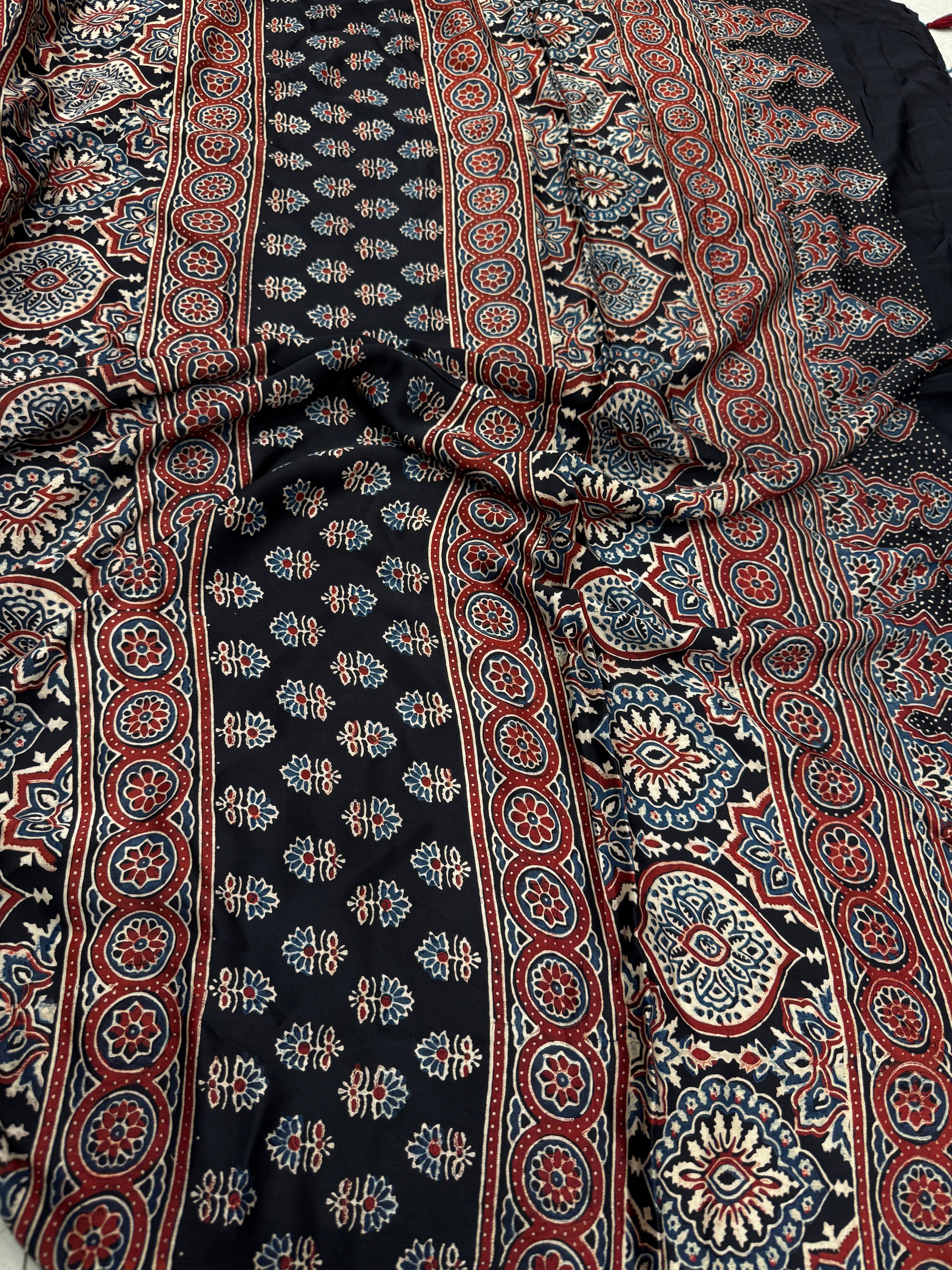 Black Keari Jaal Ajrakh Hand Block Print Pure Gajji Silk Saree