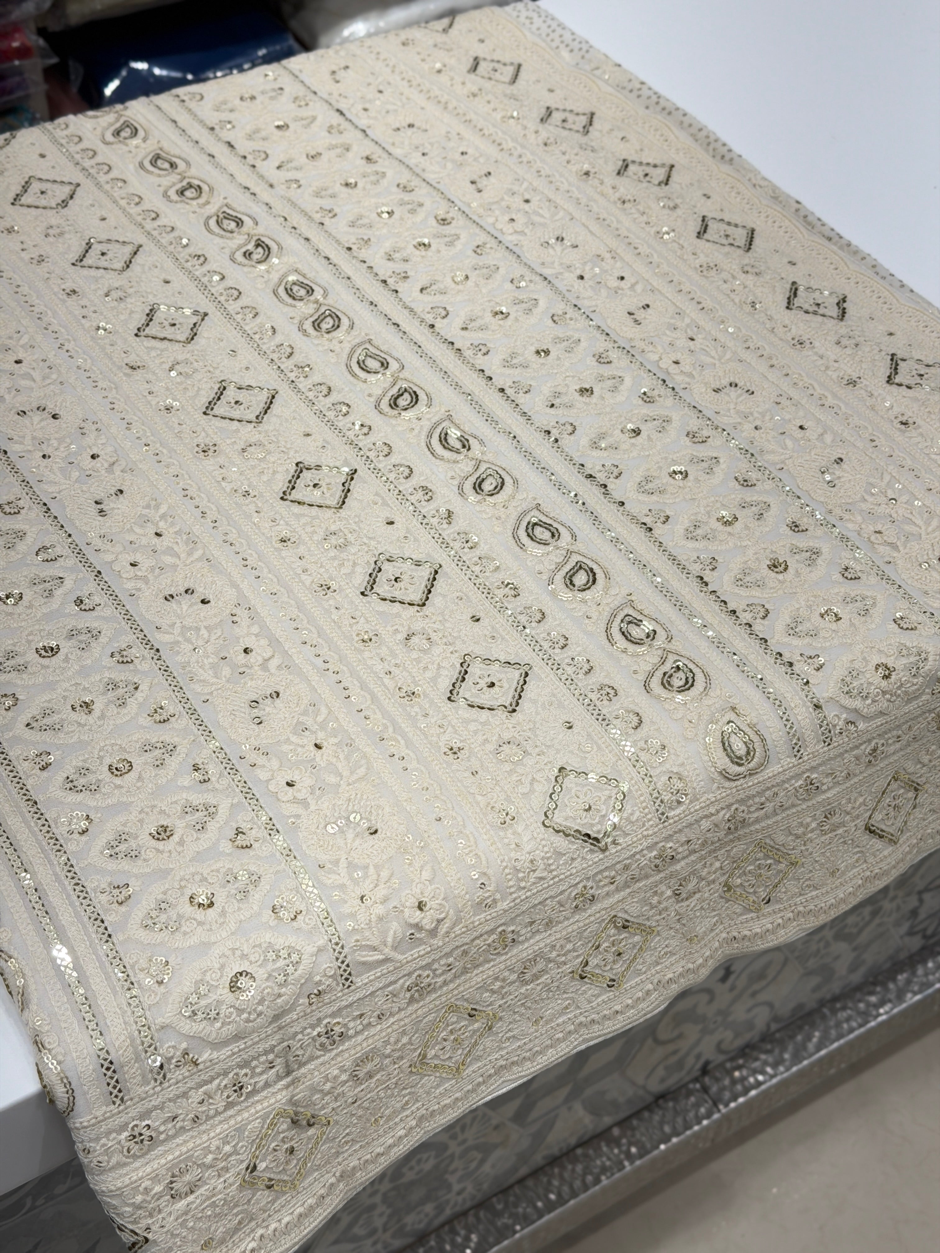 Moti White Sequin Embroidery Georgette Chikankari Resham Saree