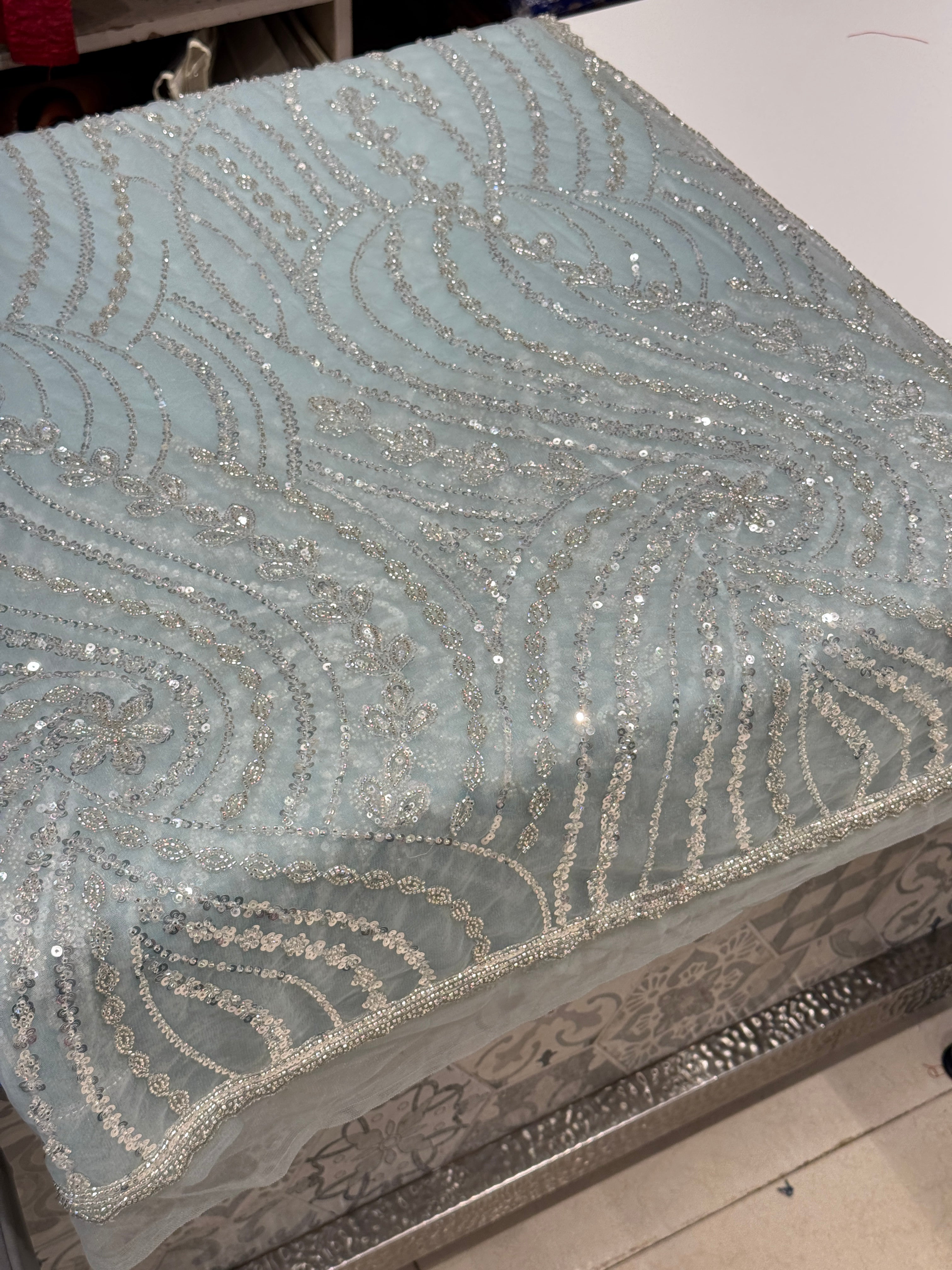 Light Blue Soft Net Sequin Moti Embroidery Saree