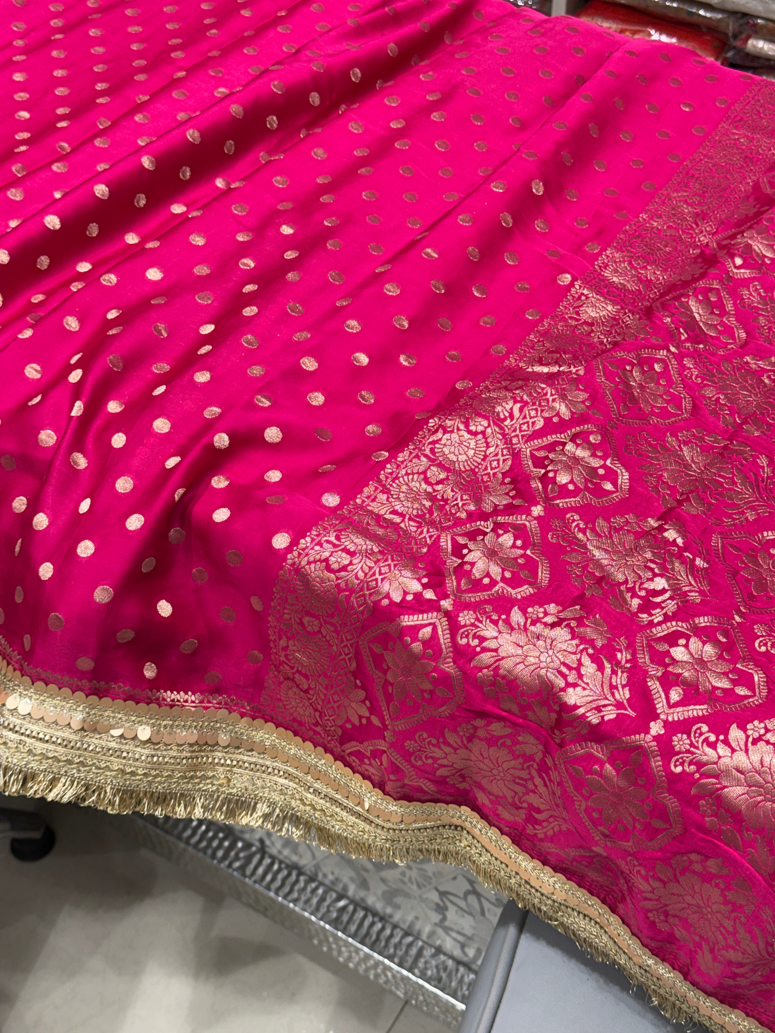 Rani Polka Dot Satin Silk Maharani Lace Saree