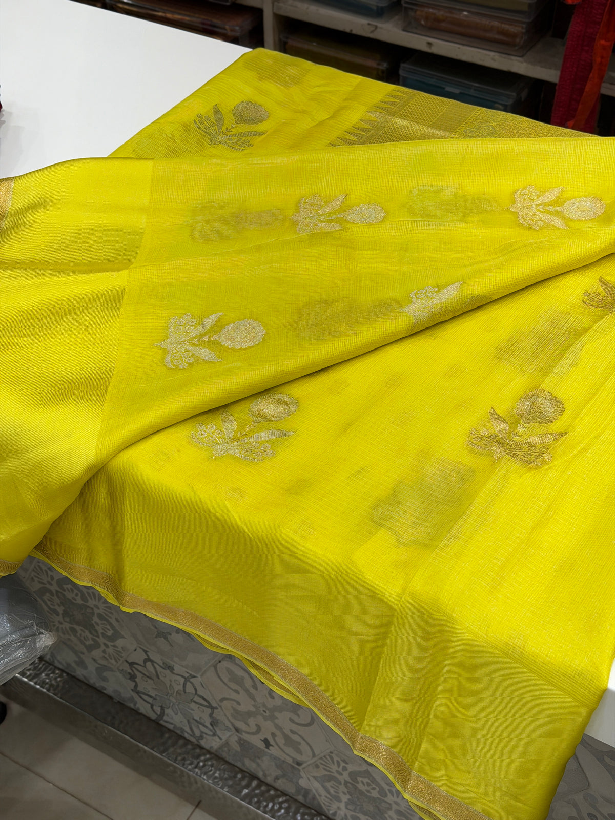 Neon Green Buttas Manipuri Kota Silk Saree