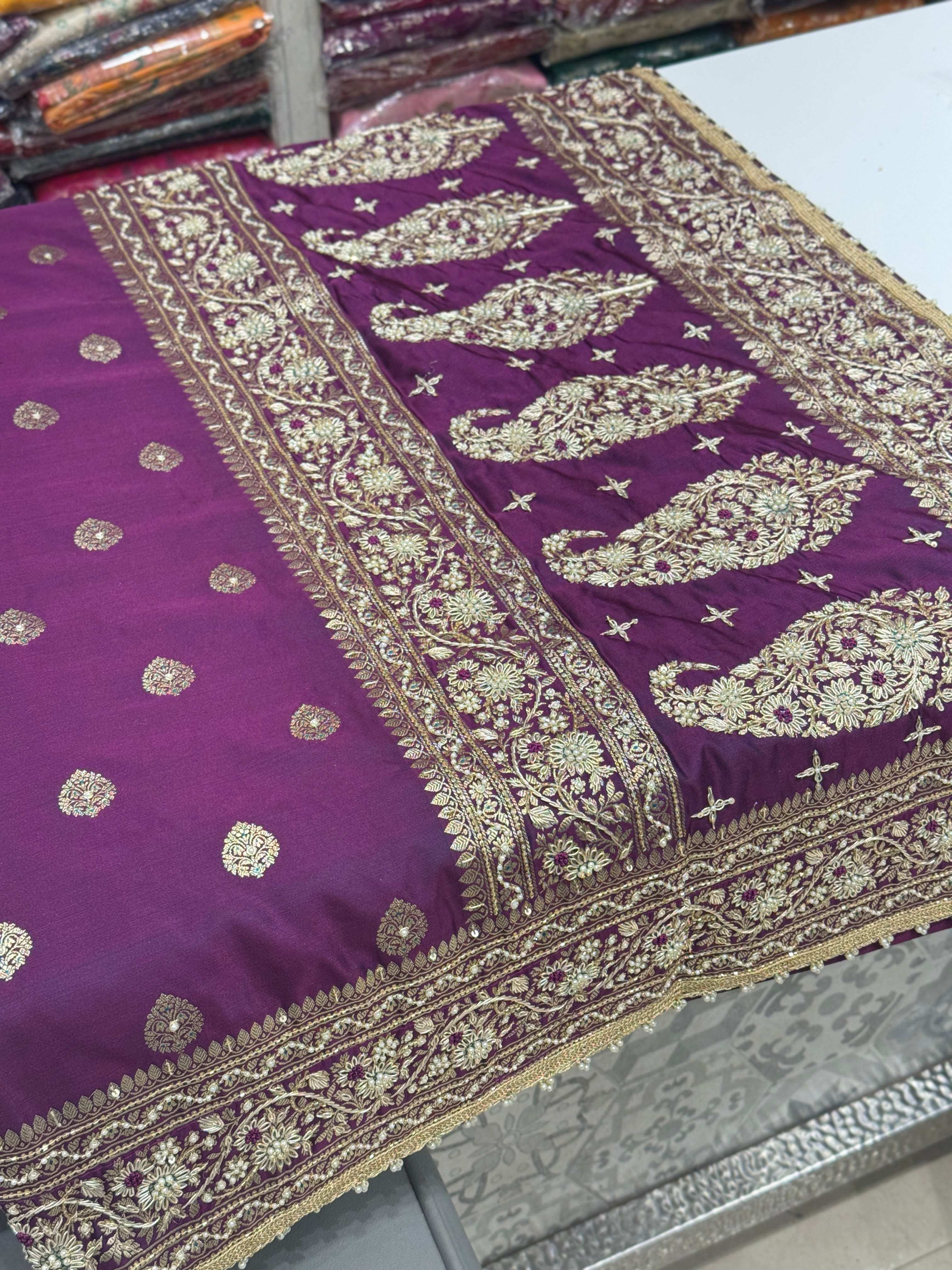 Violet Banarasi Silk Butta Hand Embroidery Saree