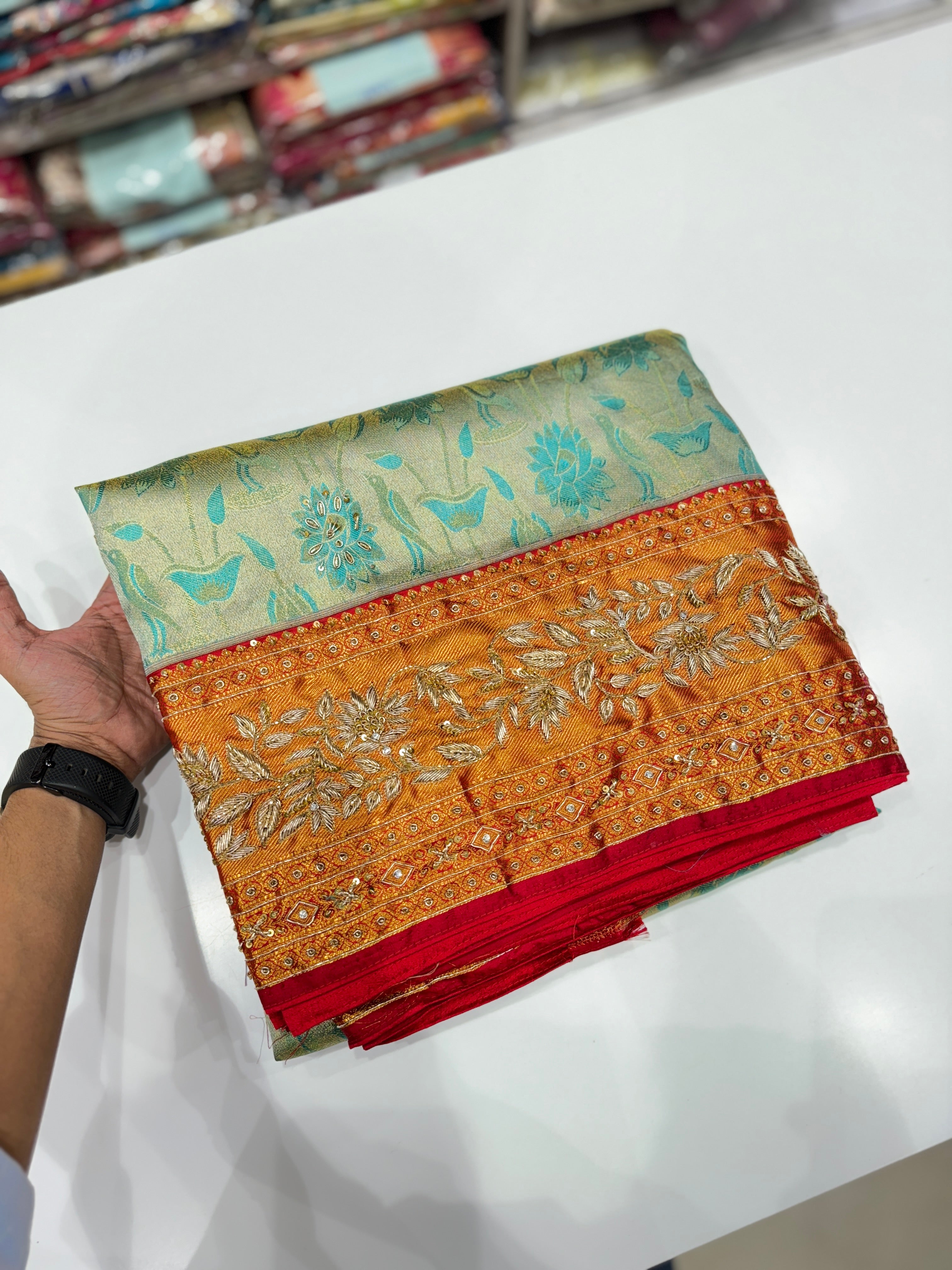 Sea Green Kanjivaram Hand Embroidery Zardosi Saree