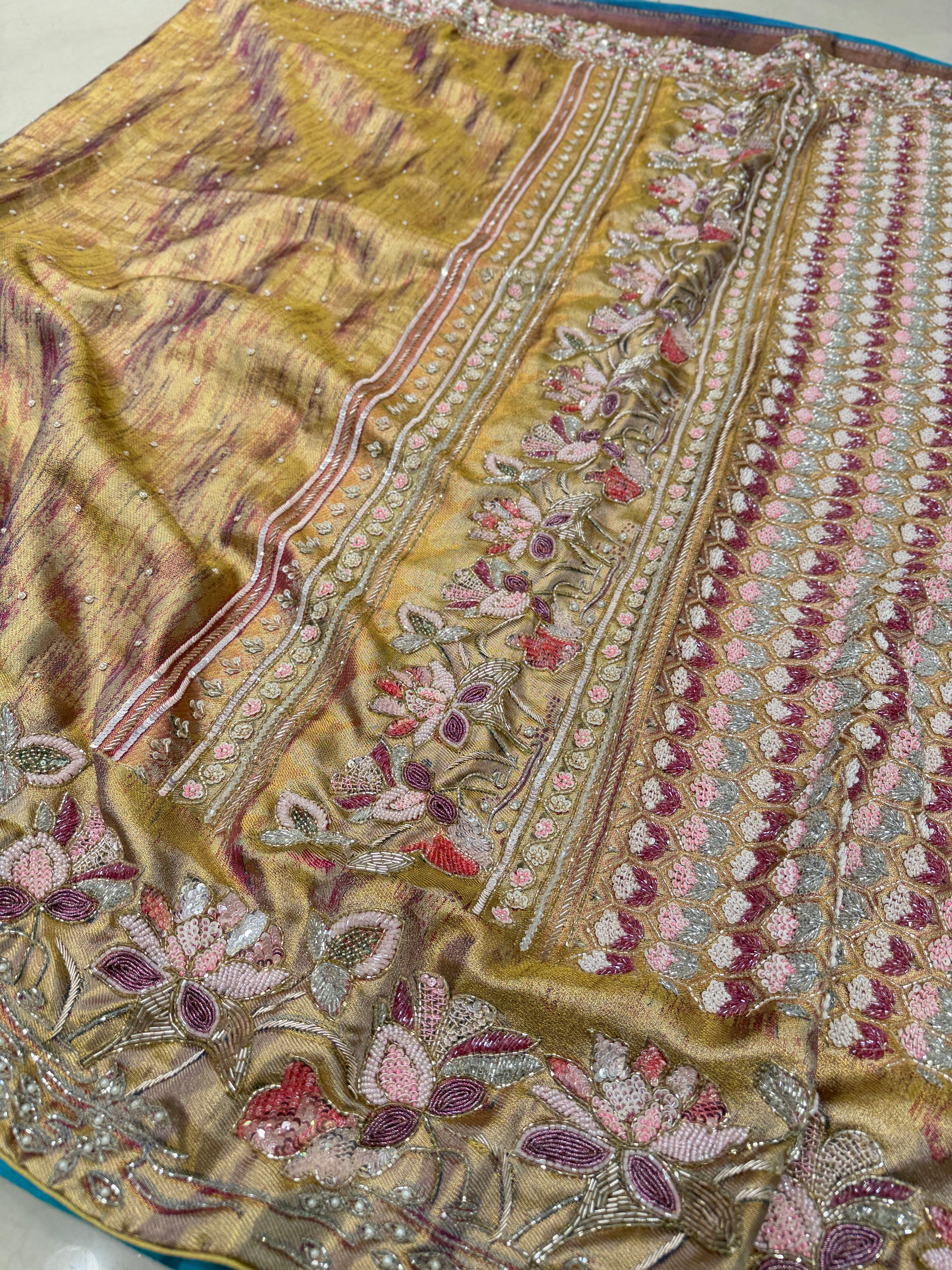 Contemporary Tissue Kanjivaram Moti Zardosi Hand Embroidery Saree