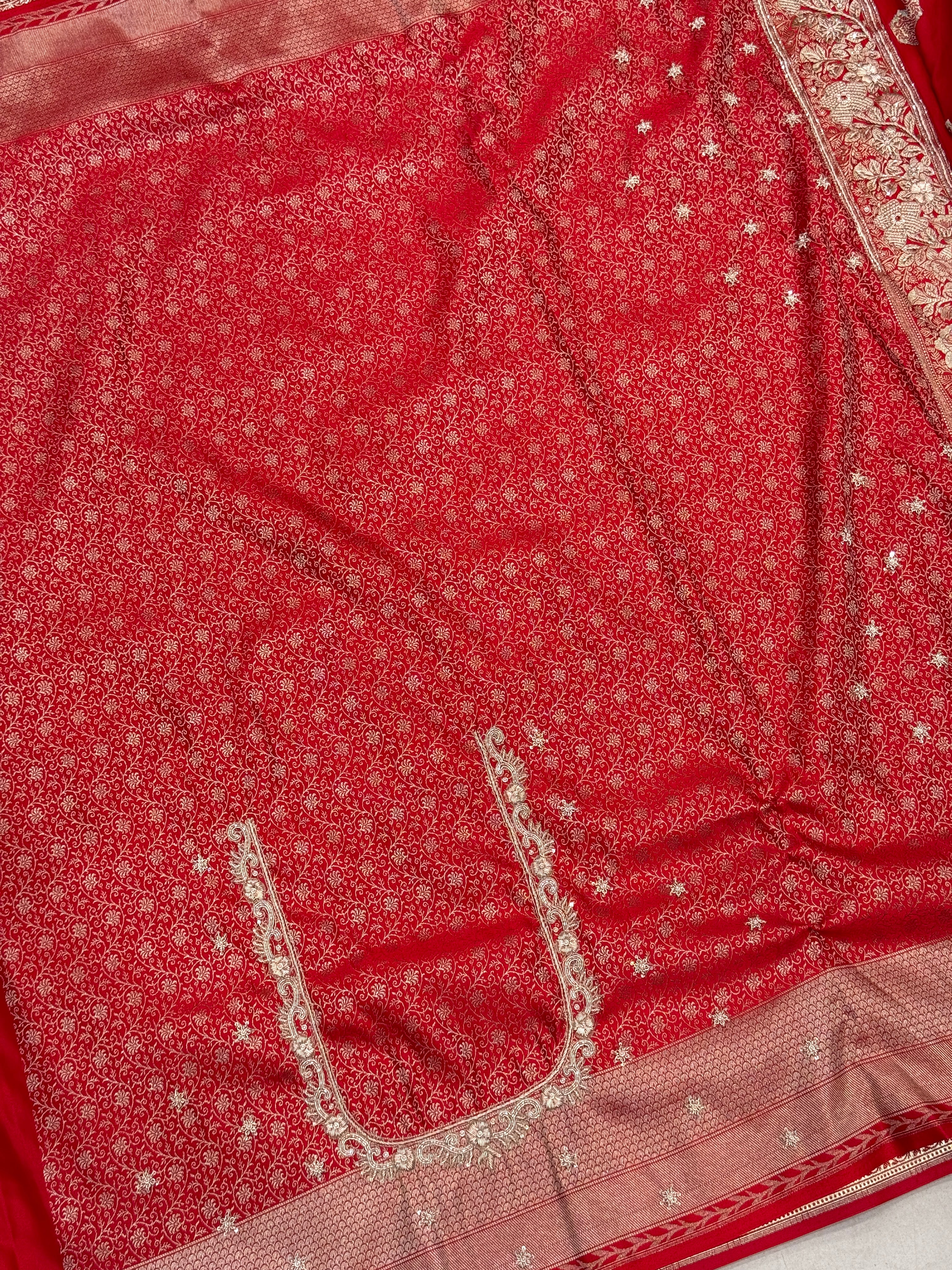 Red Banarasi Rose Border Zardozi Hand Embroidery Saree