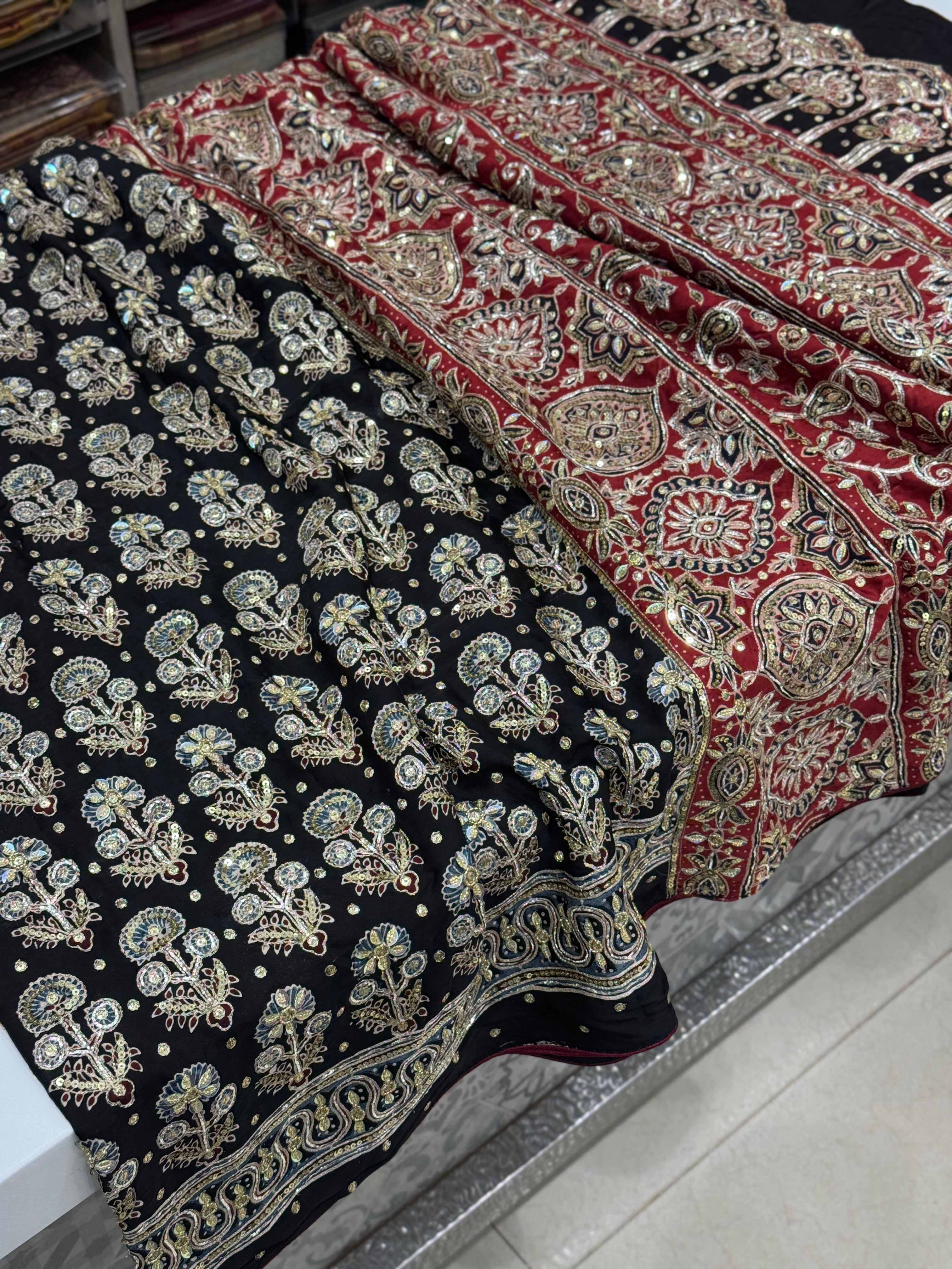 Black Floral Buttas Ajrakh Hand Embroidery Saree