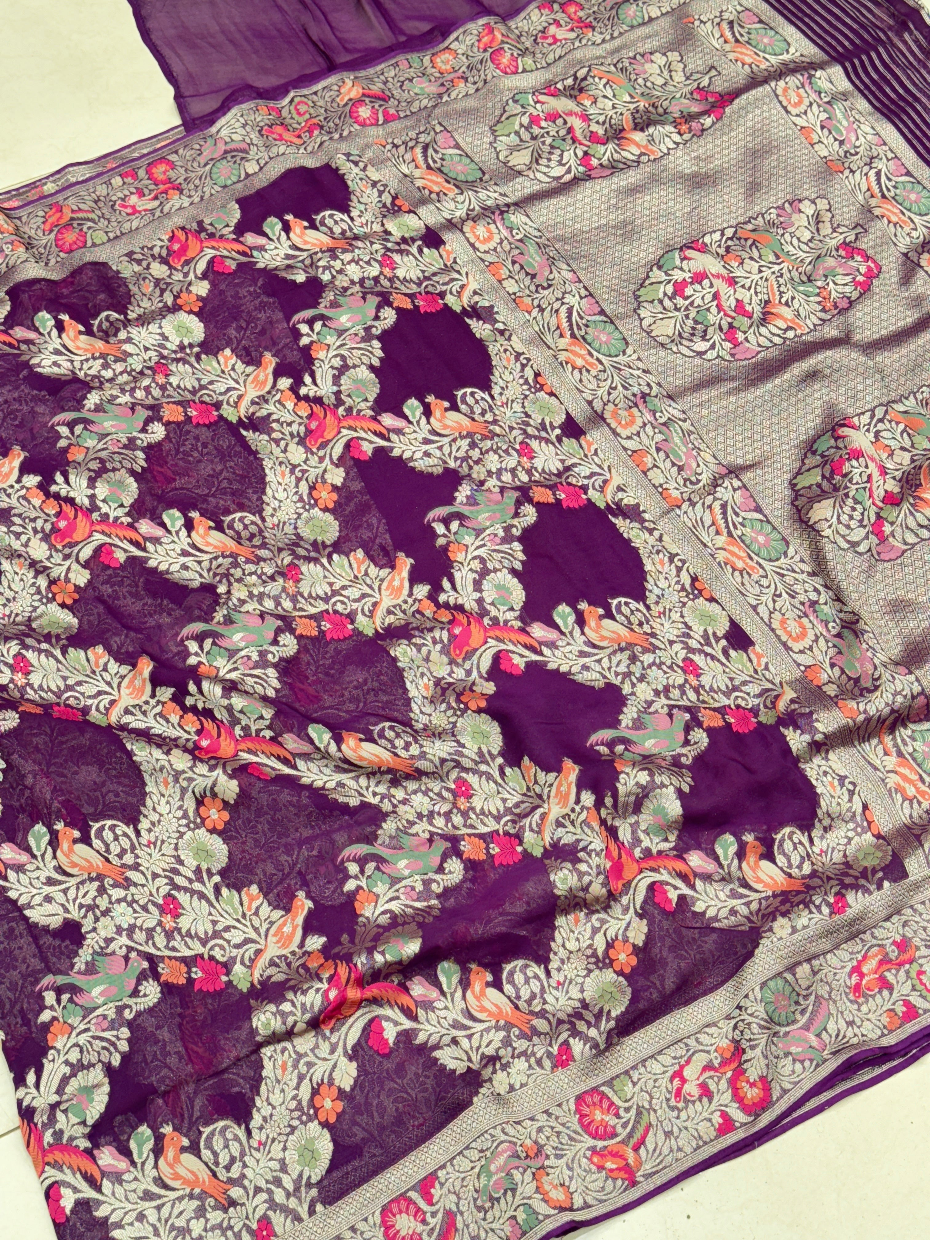 Purple Georgette Criss Cross Birds Theme Saree