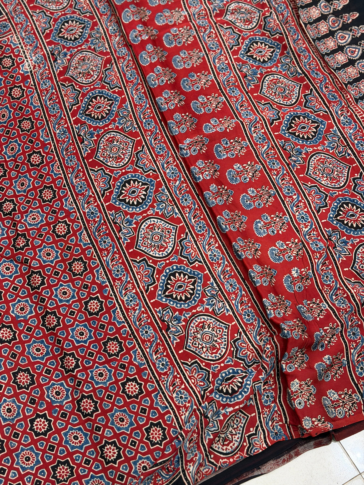 Red Manek Jaal Ajrakh Hand Block Print Pure Gajji Silk Saree