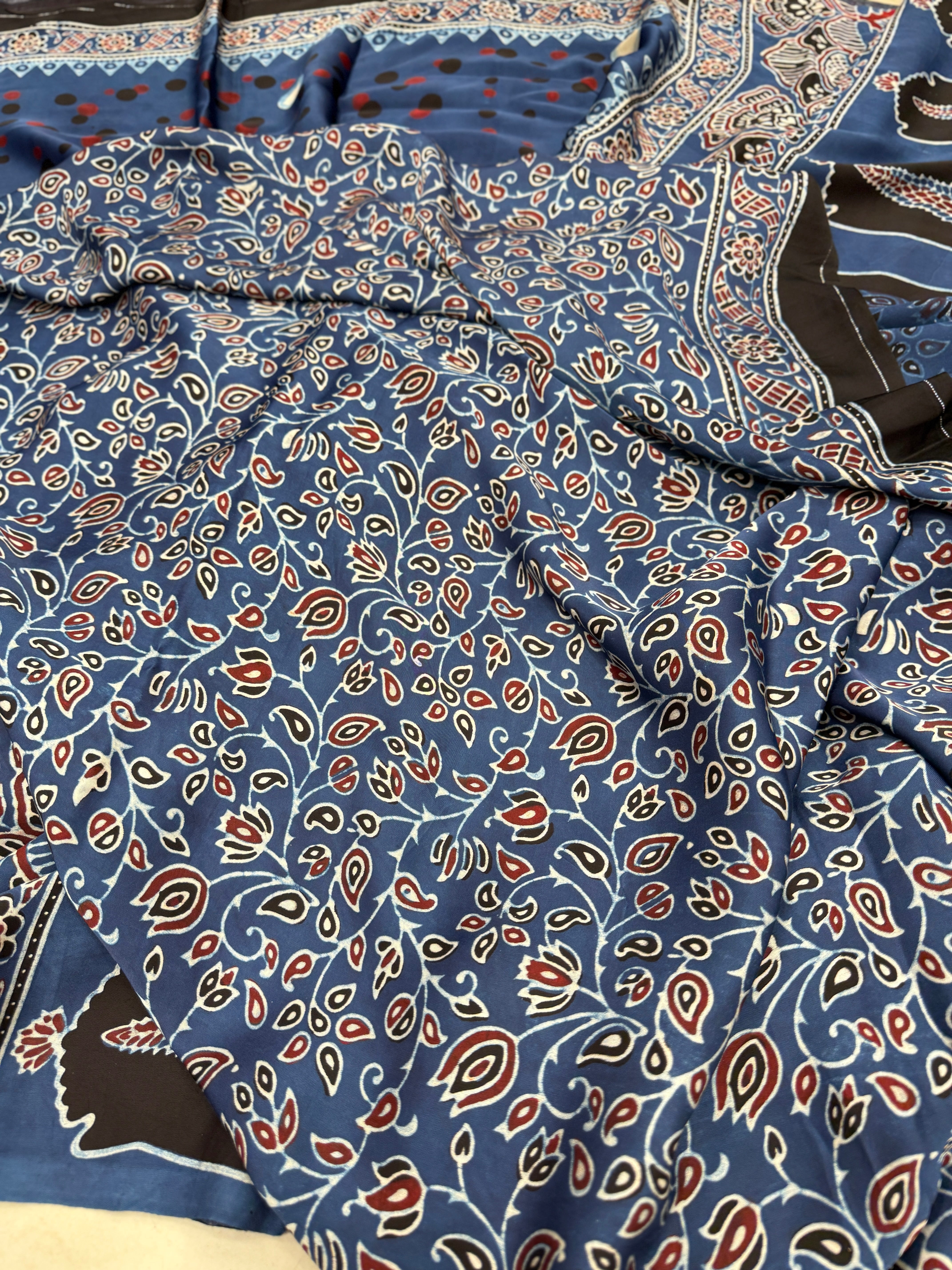 Blue Polka Dots Ajrakh Block Print Hand Pure Gajji Silk Saree