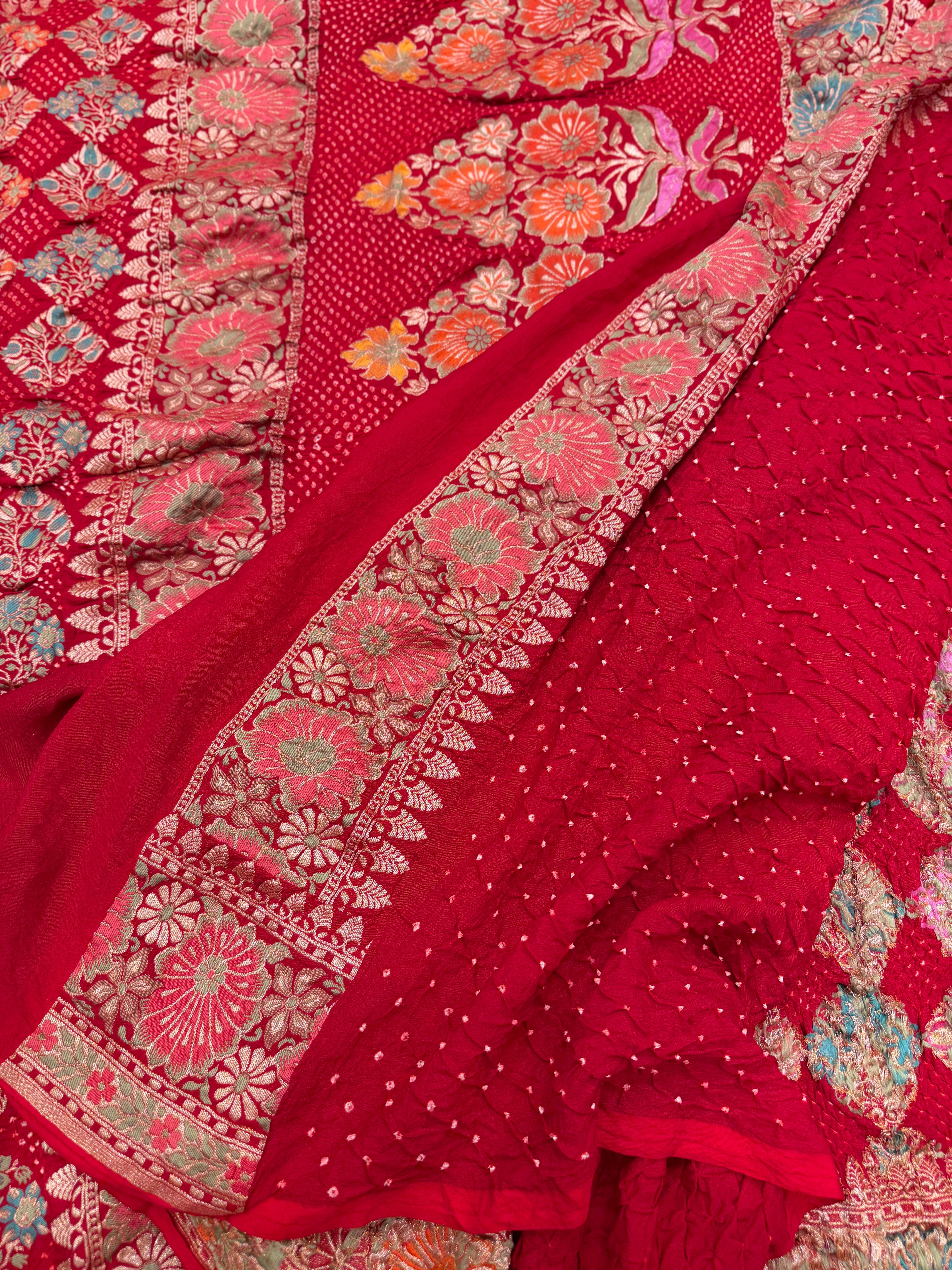 Red Meenakari Floral Butta Rai Bandhej Bandhini Saree