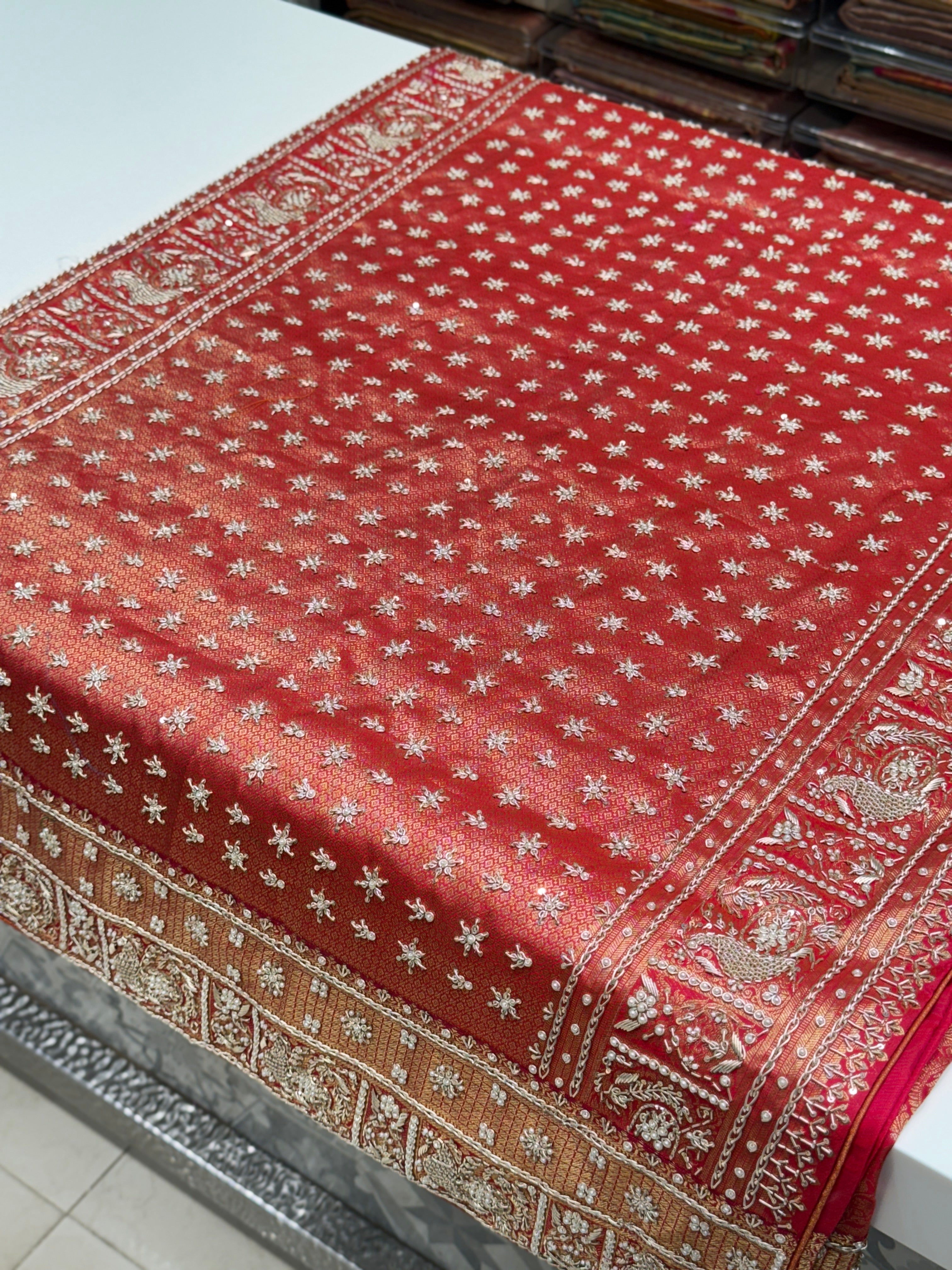 Red Kanjivaram Peacock Motif Zardozi Hand Embroidery Saree