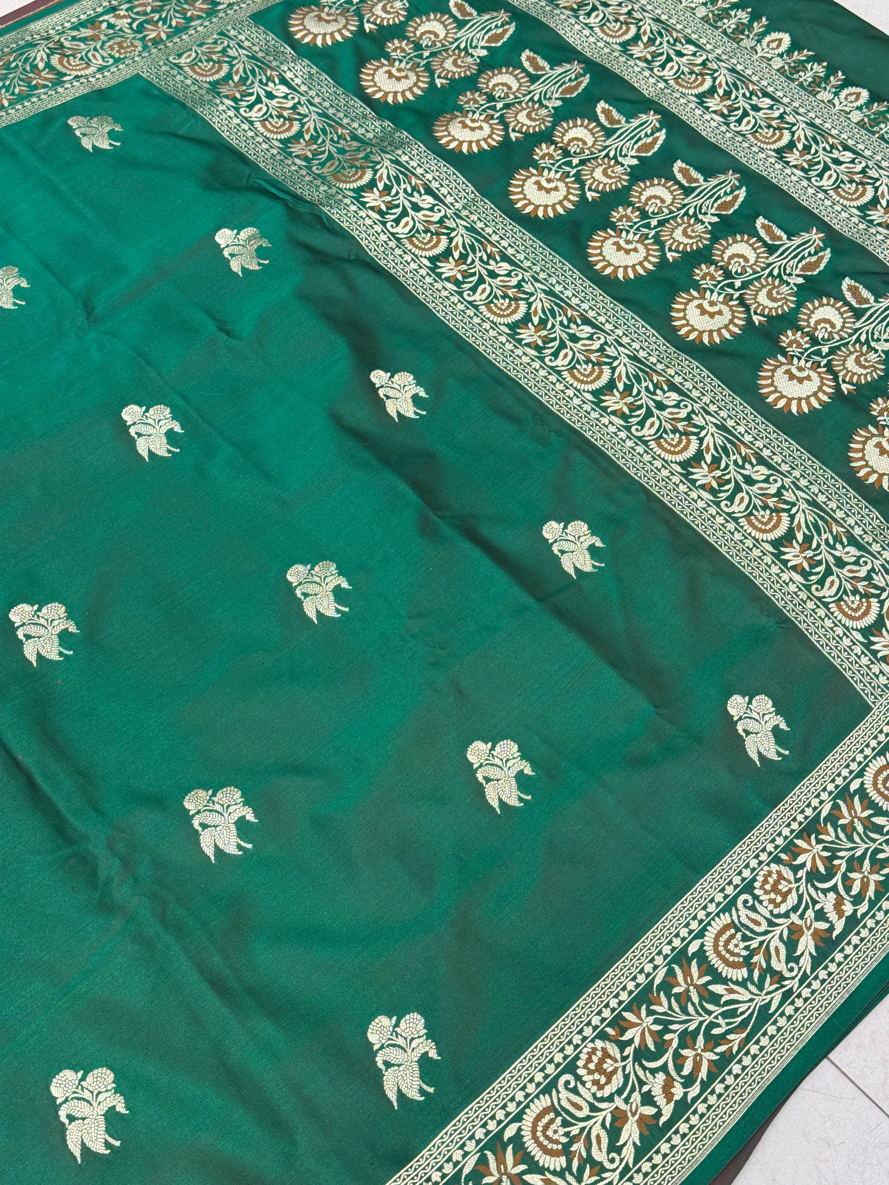 Bottle Green Banarasi Taj Mahal Floral Buttas Saree