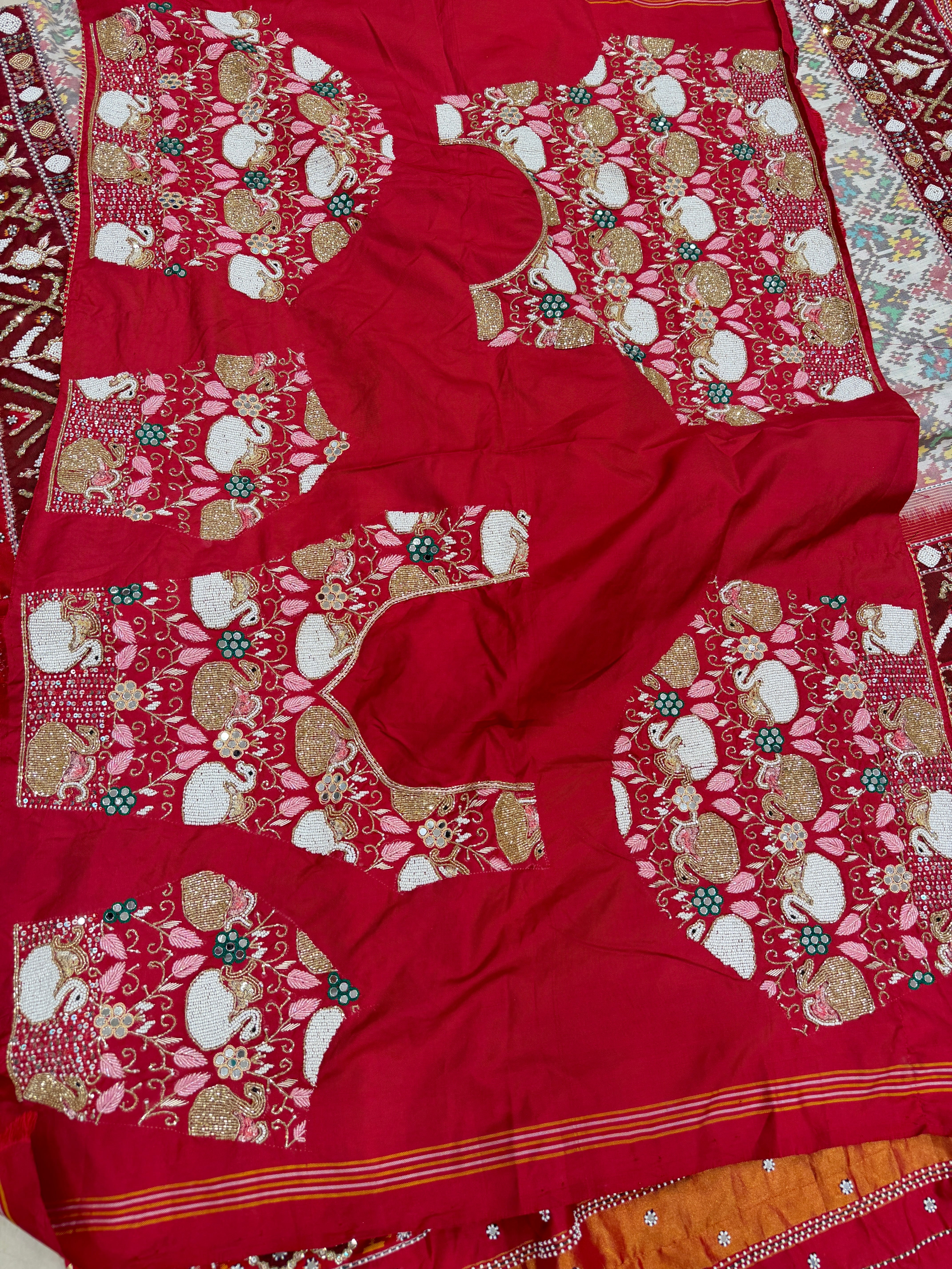 White Red Heavy Blouse Patan Patola Hand Embroidery Kidiya Moti Zardosi Saree
