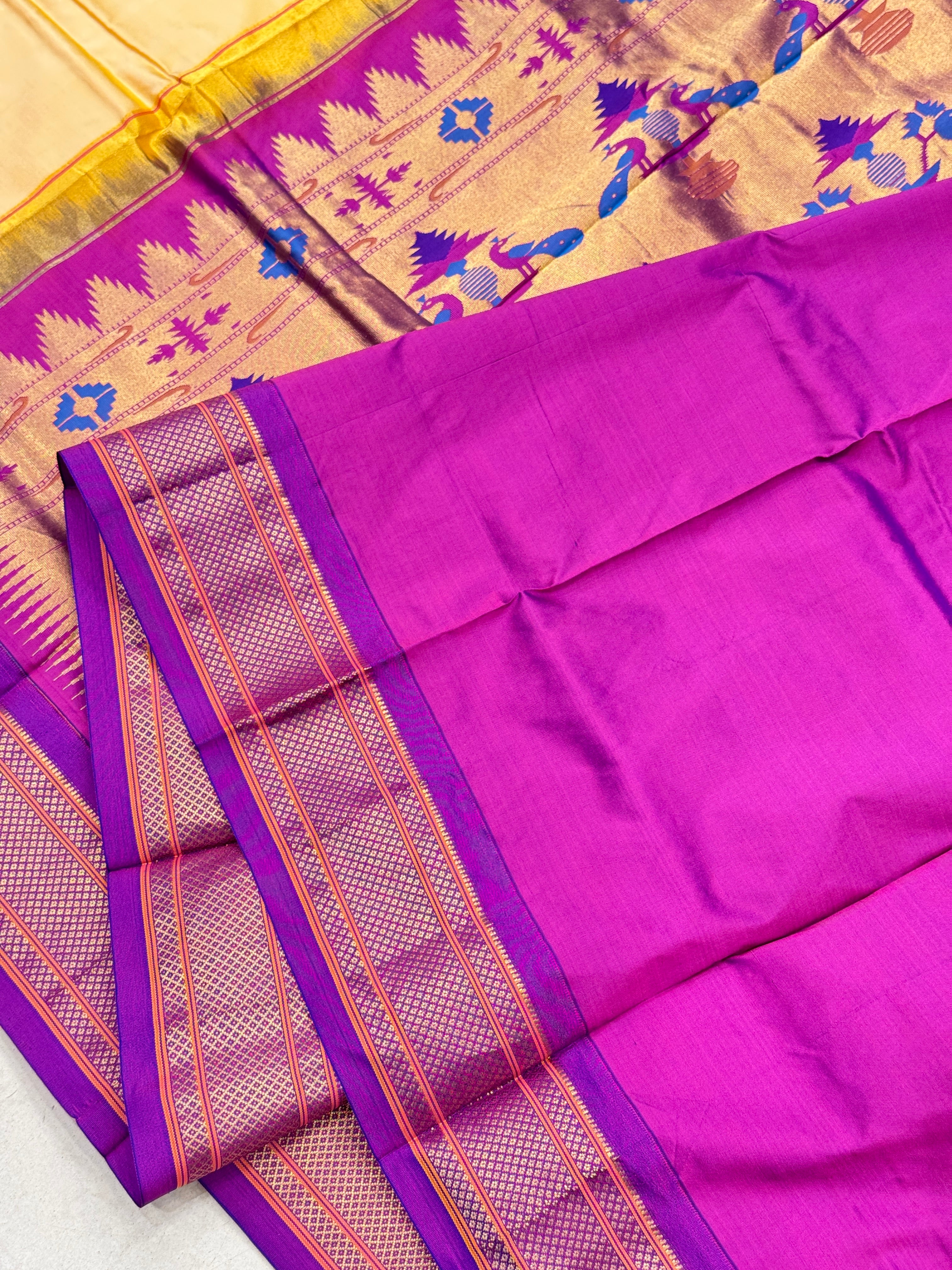 Beige Violet Morbangdi Paithani Pure Silk Saree