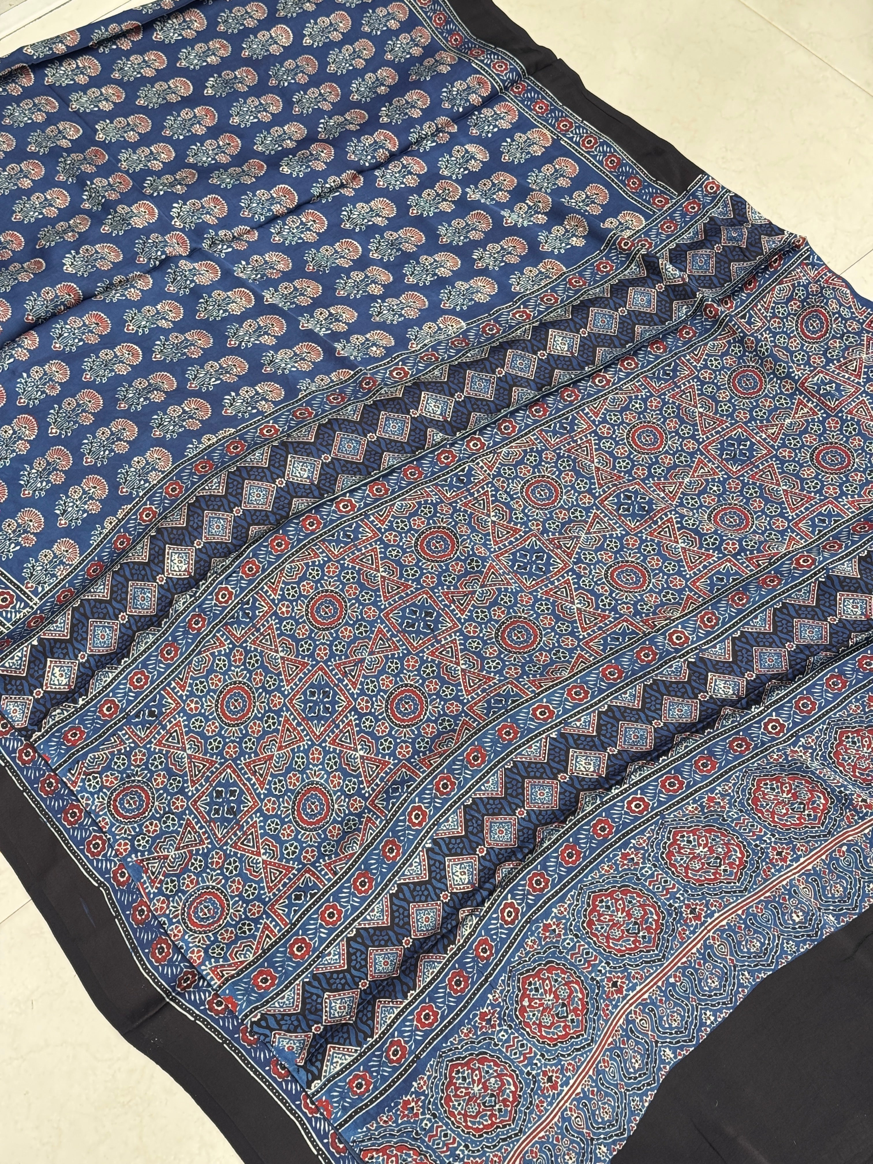 Blue Floral Buttas Floral Pallu Hand Block Print Ajrkah Pure Gajji Silk Saree
