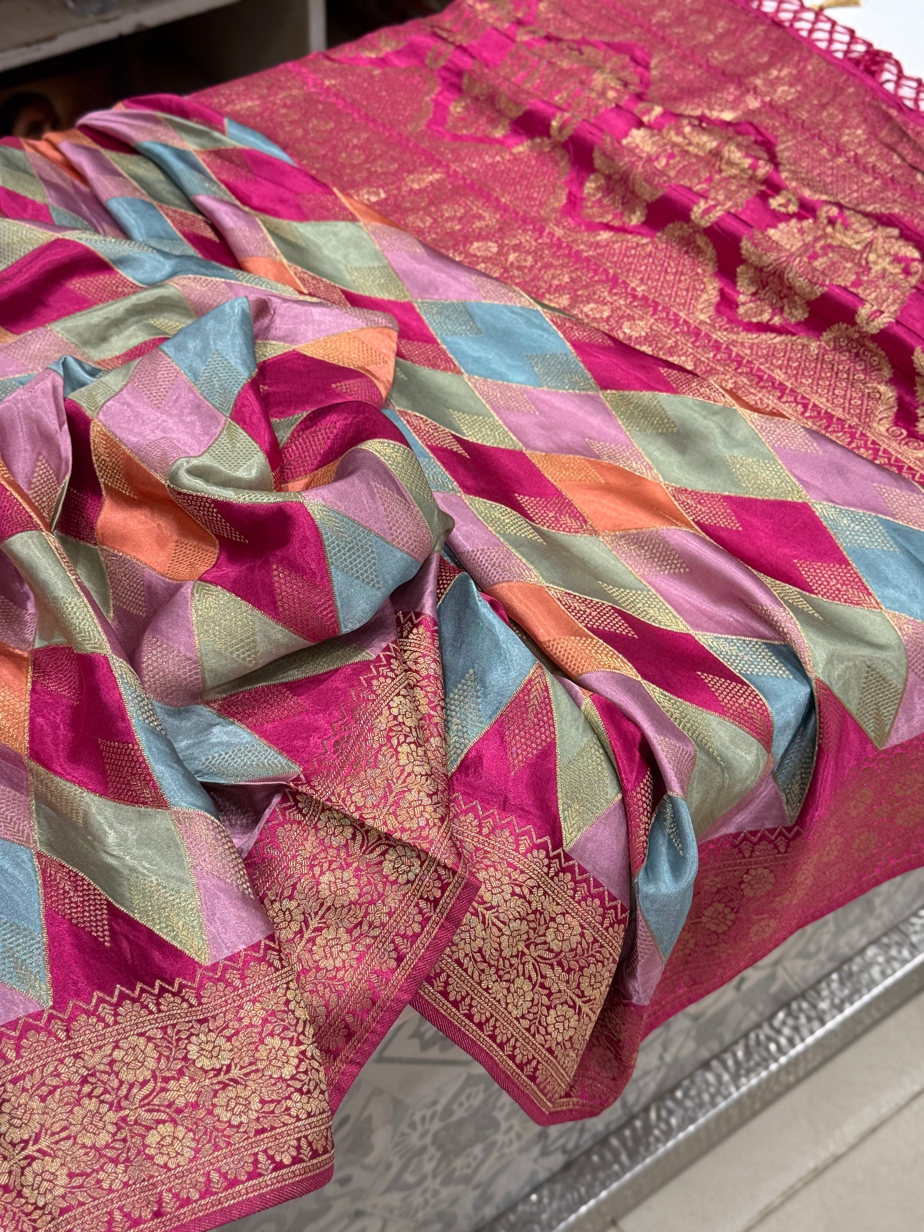 Raspberry Contemporary Kaju Katli Design Banarasi Modal Satin Rangkat Saree