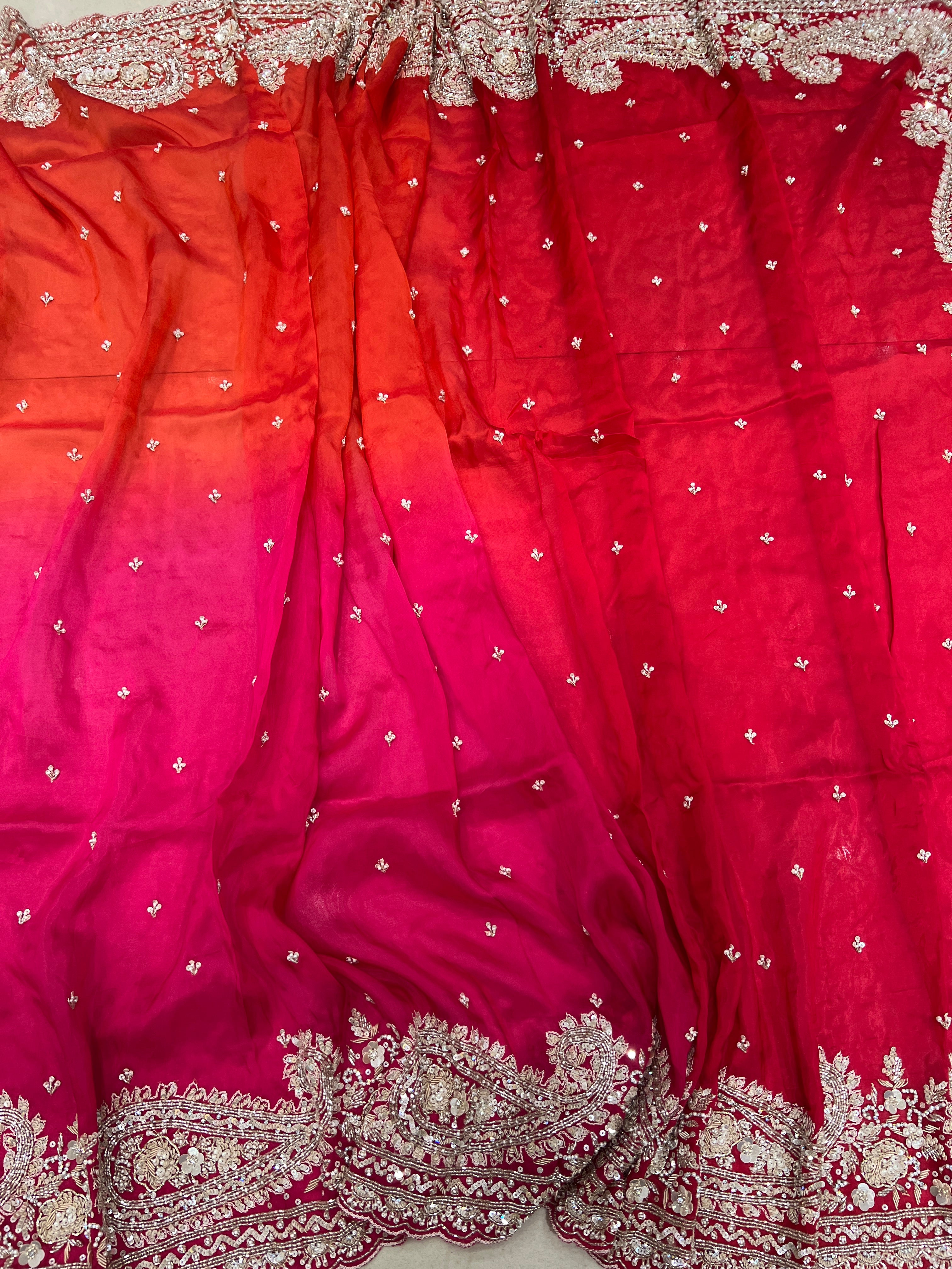 Shaded Satin Organza Hand Embroidery Saree