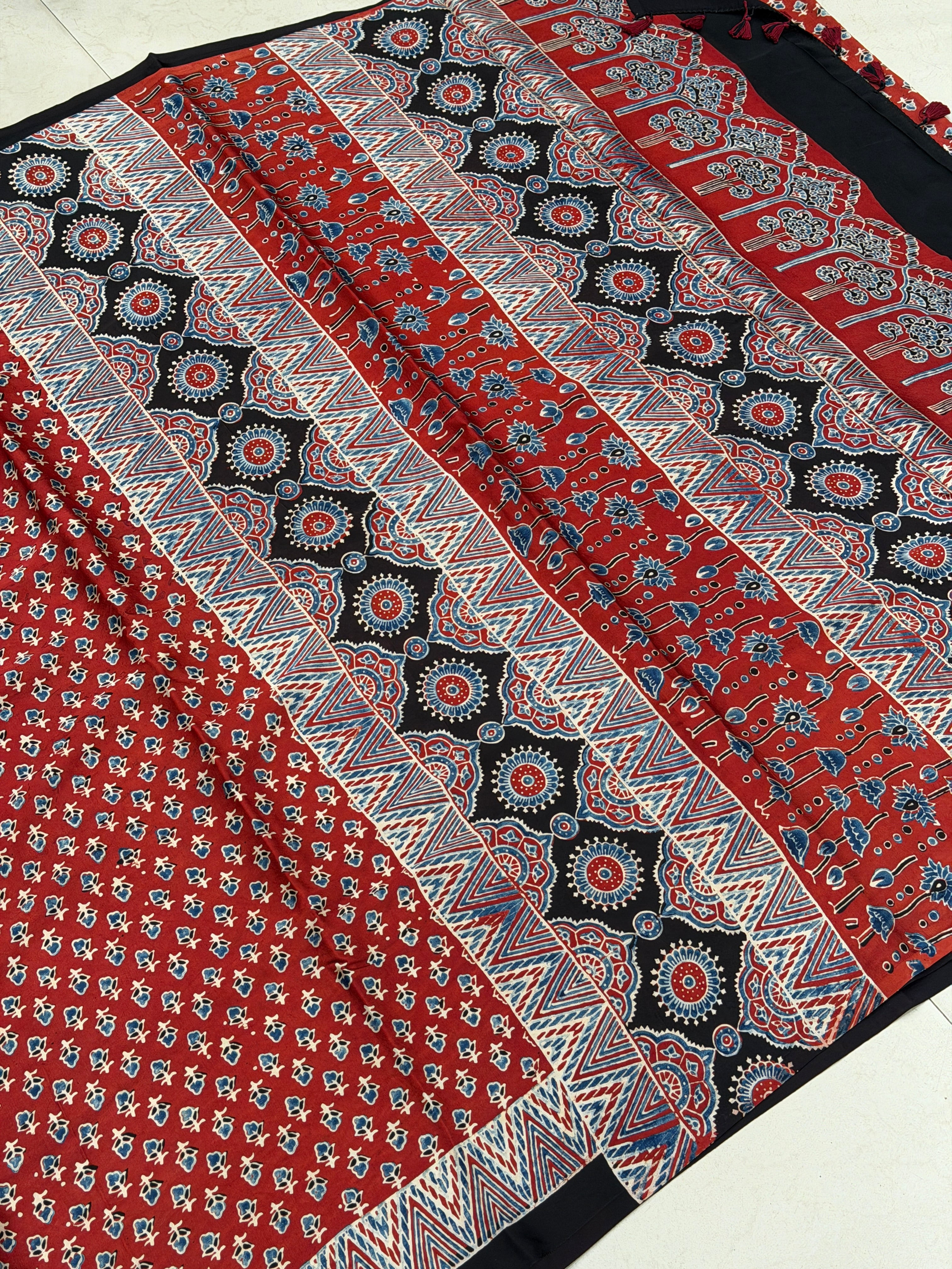 Red Bud Buttis Ajrakh Hand Block Print Pure Modal Silk Saree
