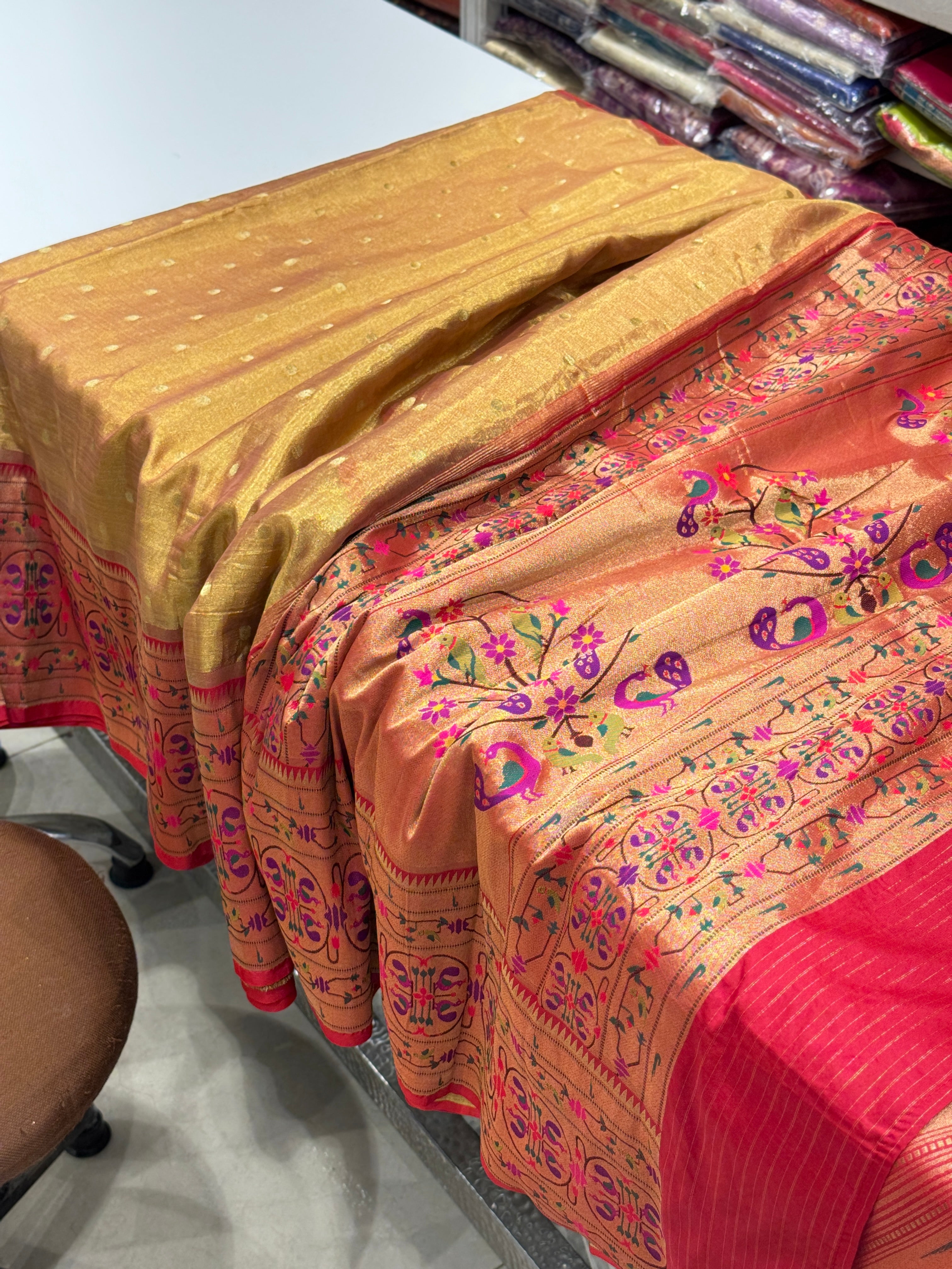 Gold Tissue Paithani Big Floral Border Saree