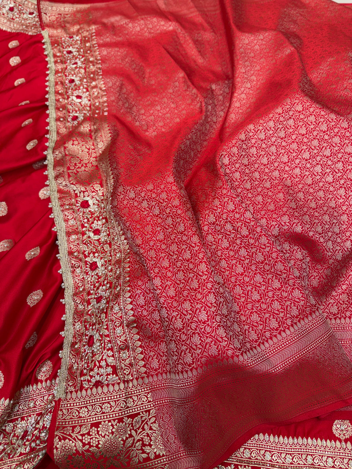 Red Banarasi Silk Butti Resham Hand Embroidery Saree