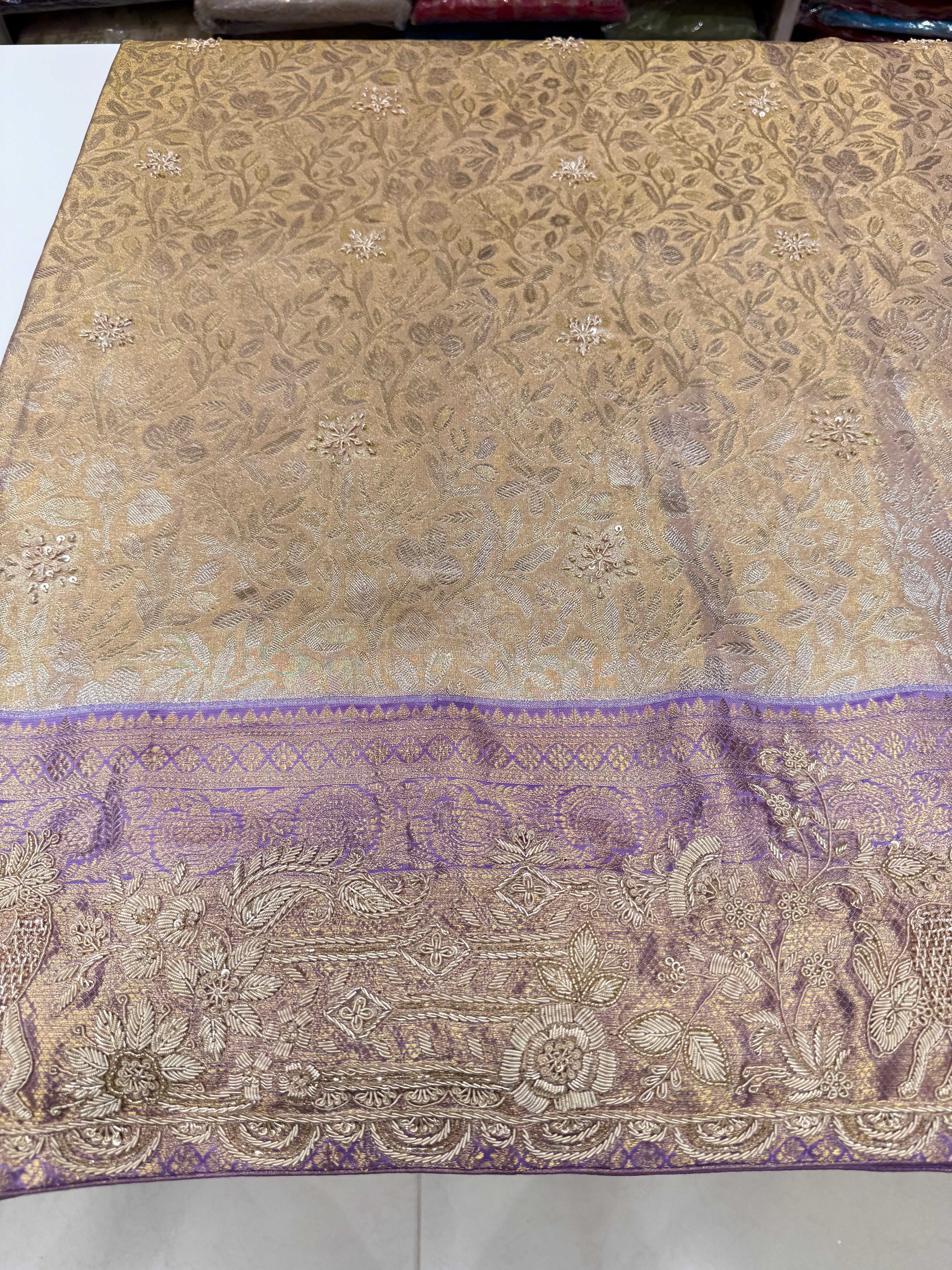 Lilac Kanjivaram Zardosi Figure Hand Embroidery Saree