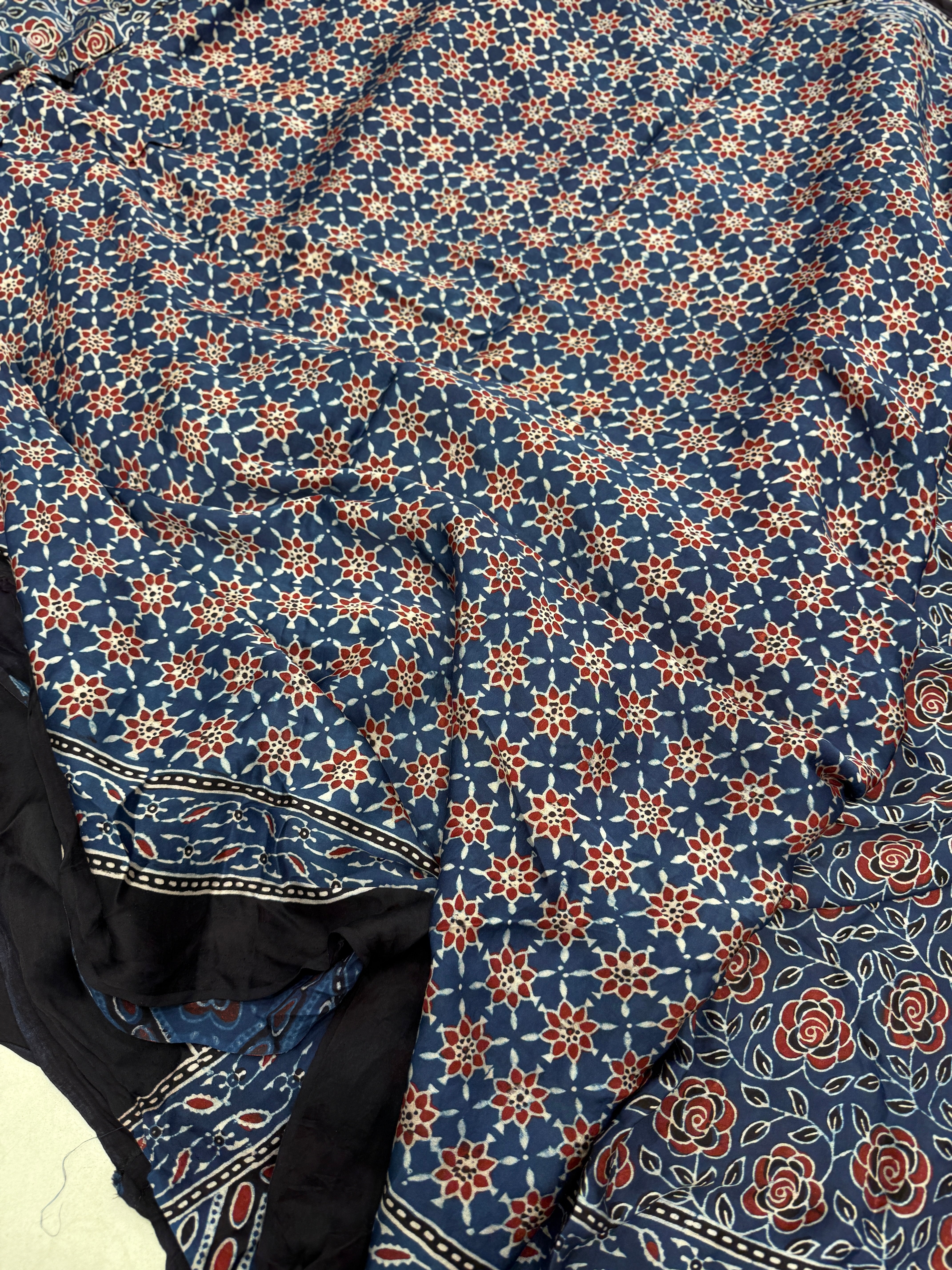 Blue Rose Ajrakh Hand Block Print Pure Gajji Silk Saree