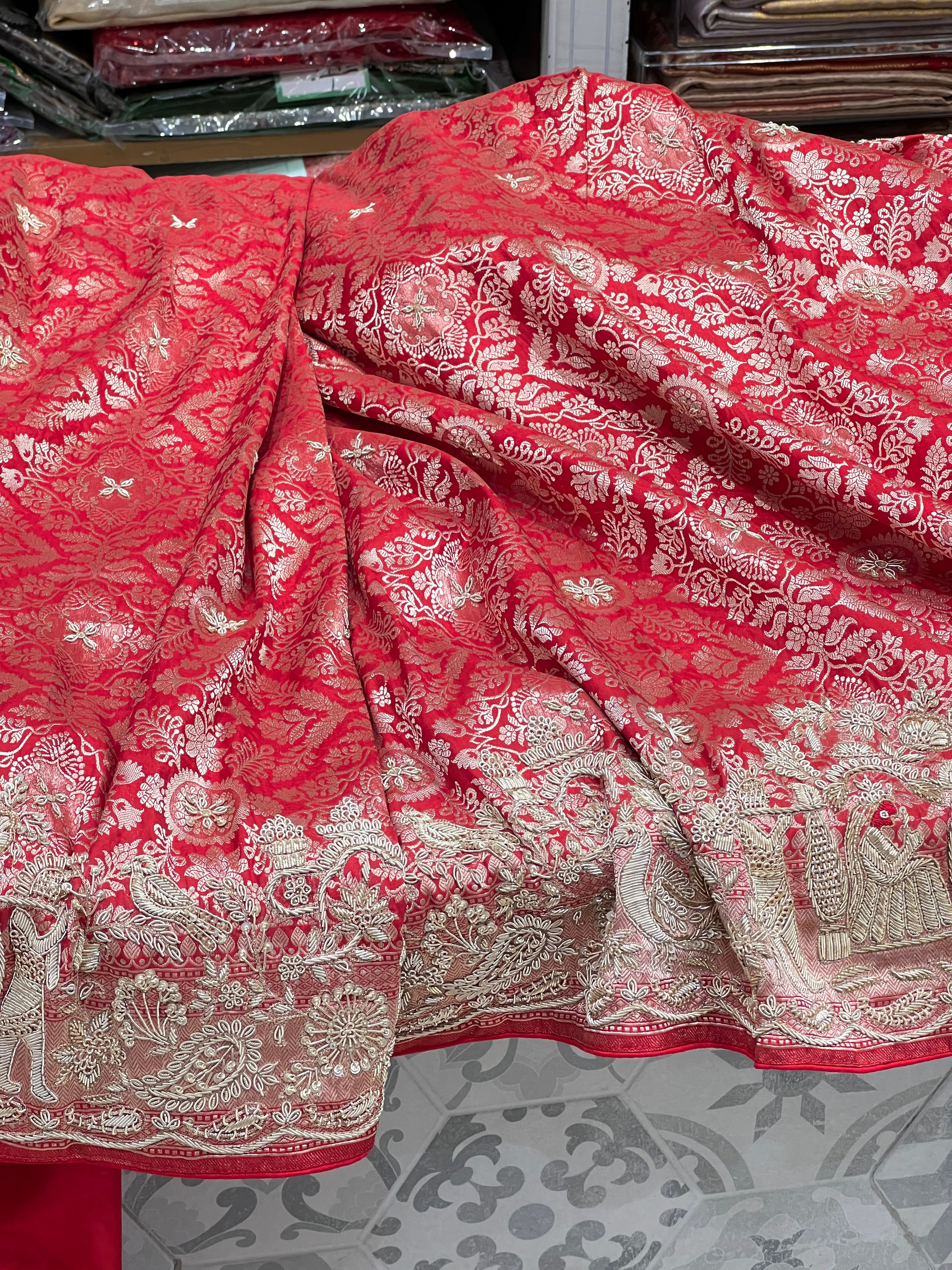 Red Banarasi Katan Doli Edit Zardosi Saree