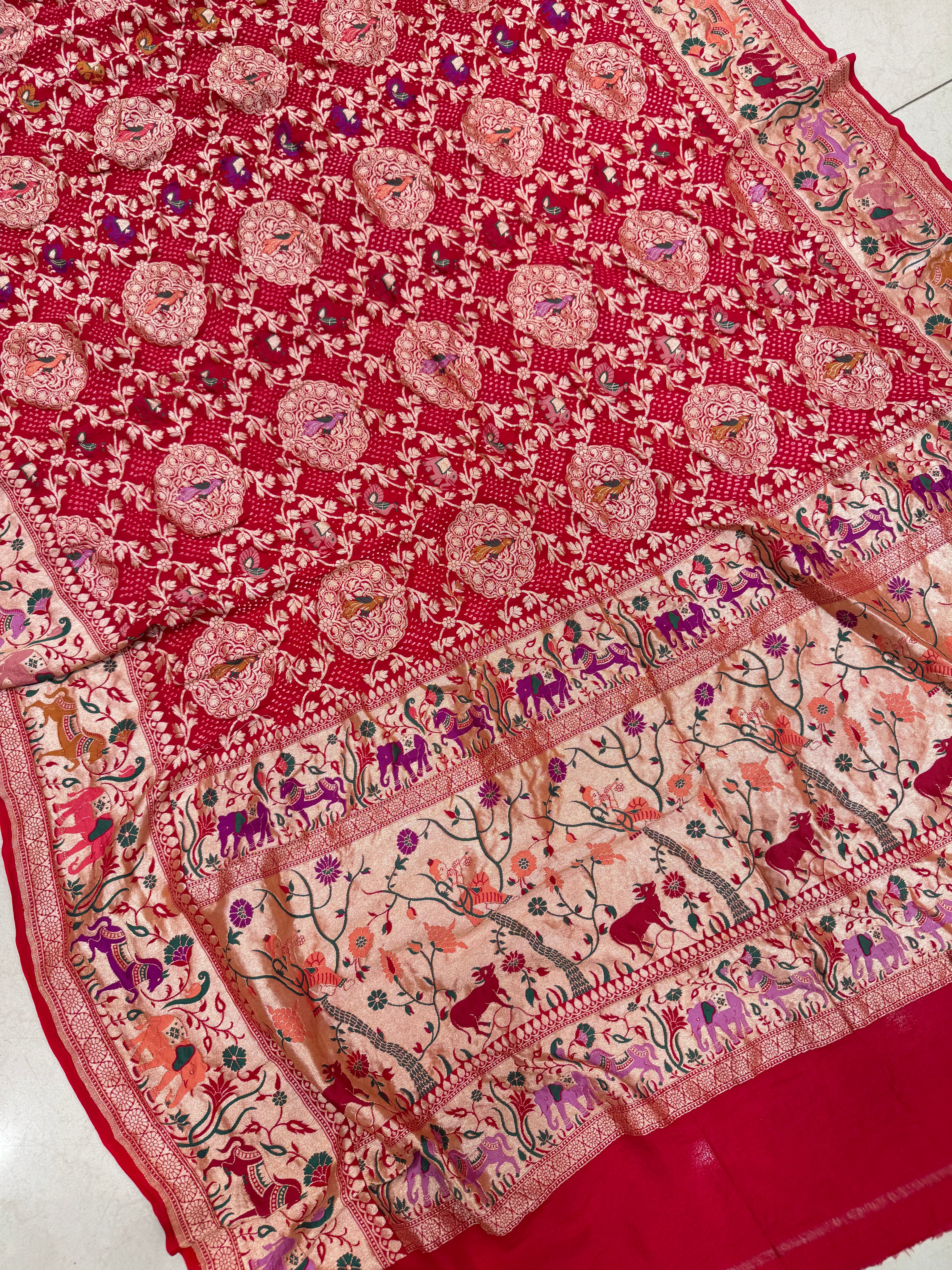 Red Meenakari Rai Bandhej Shikara Saree