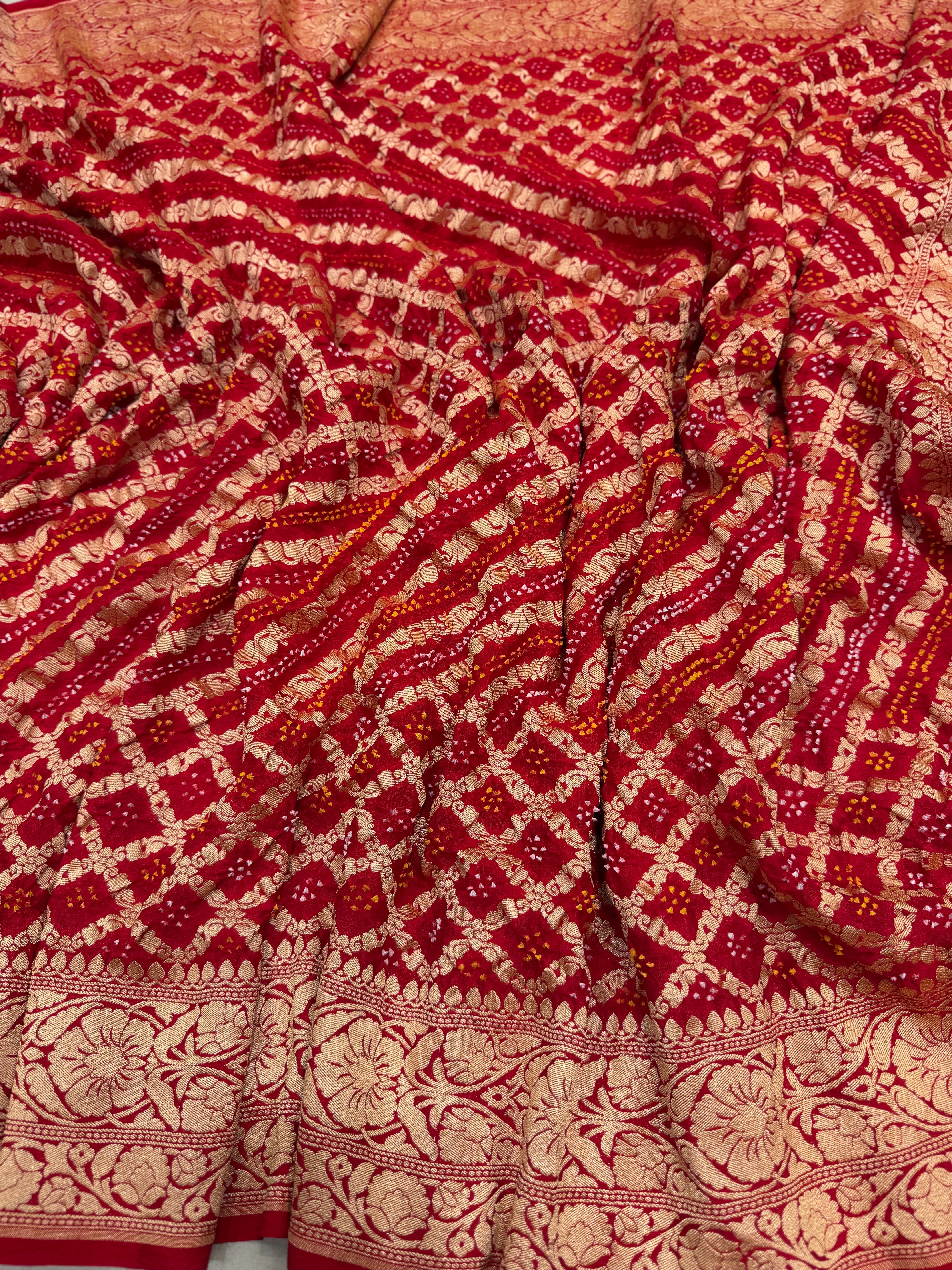 Red Criss Cross Georgette Handloom Bandhej Bandhini Saree
