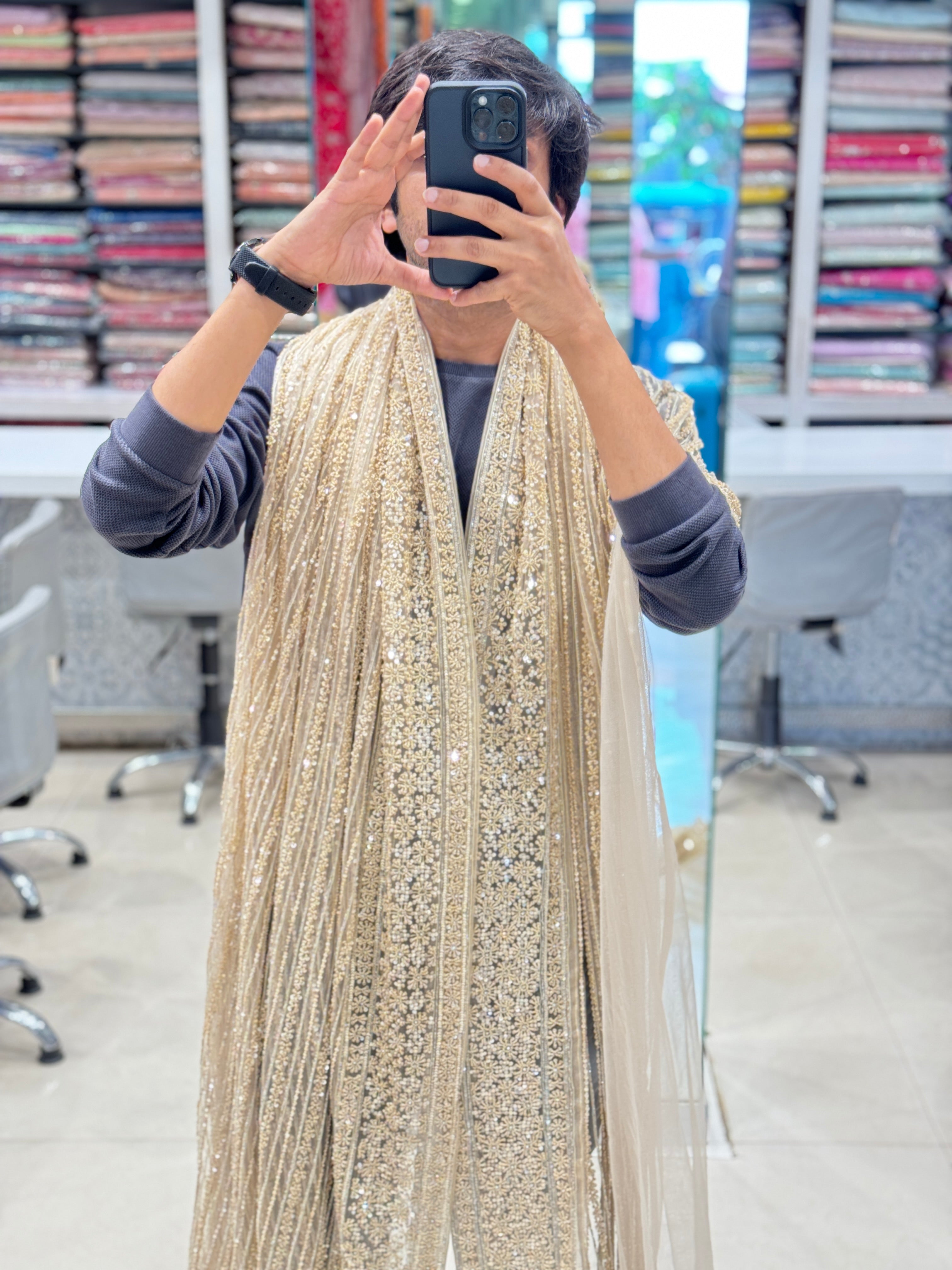 Beige Net Heavy Embroidery Saree