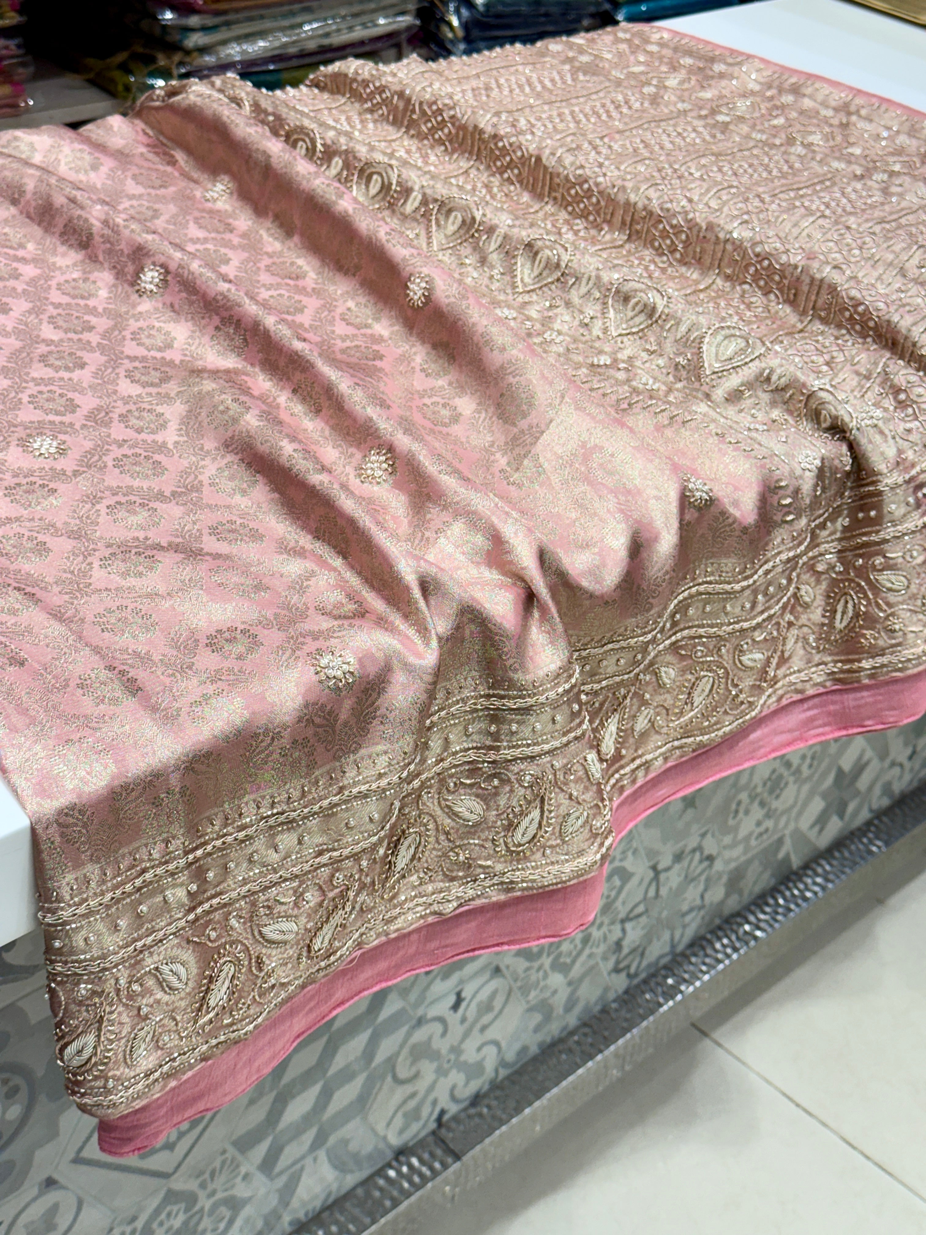 Pink Tissue Kanjivaram Contemporary Hand Embroidery Saree
