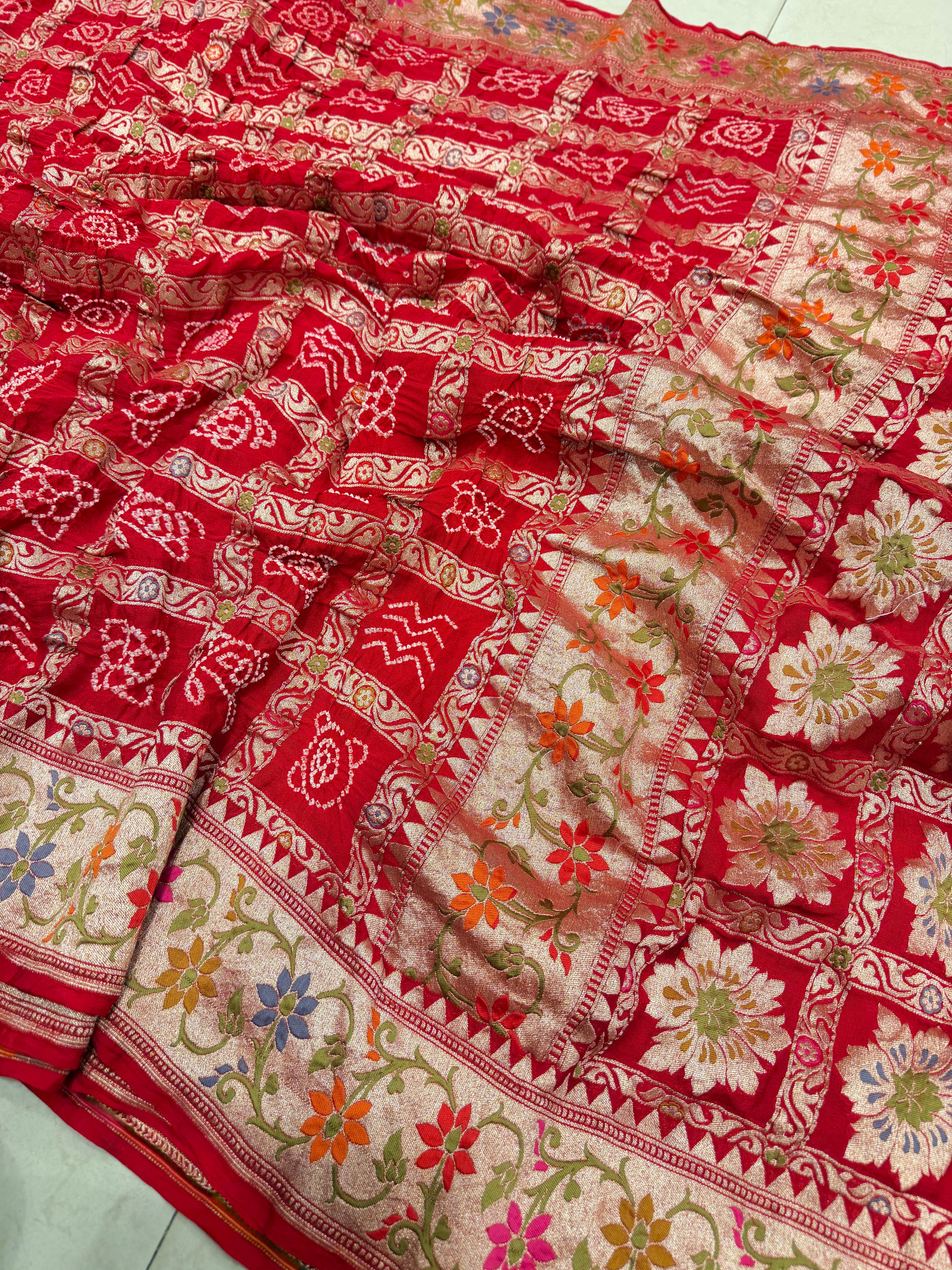 Red Gharchola Bandhej Meenakari Pure Georgette Rai Bandhej Saree