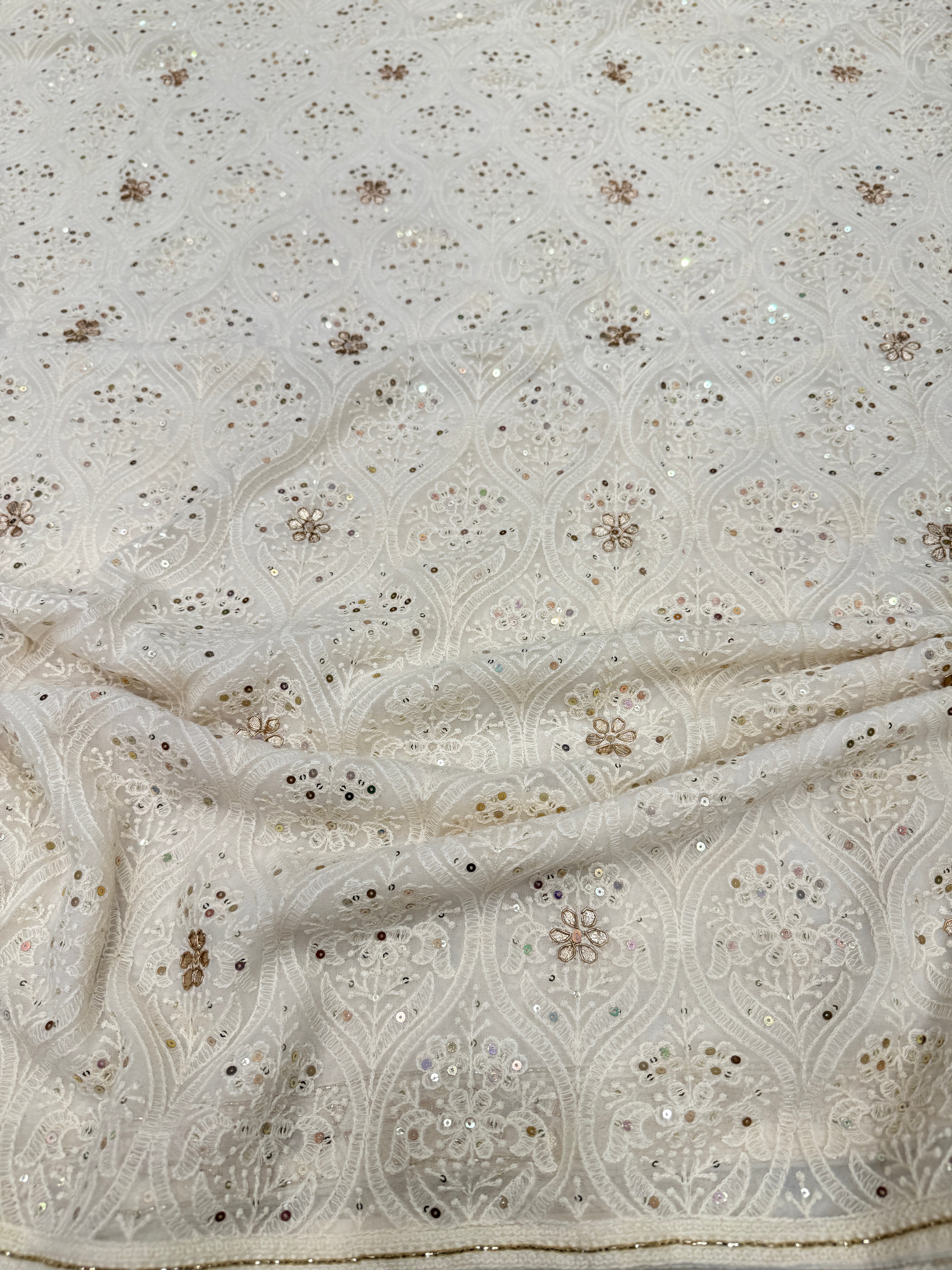 White Chikankari Badam Design on Georgette with Cutdana Hand Embroidery