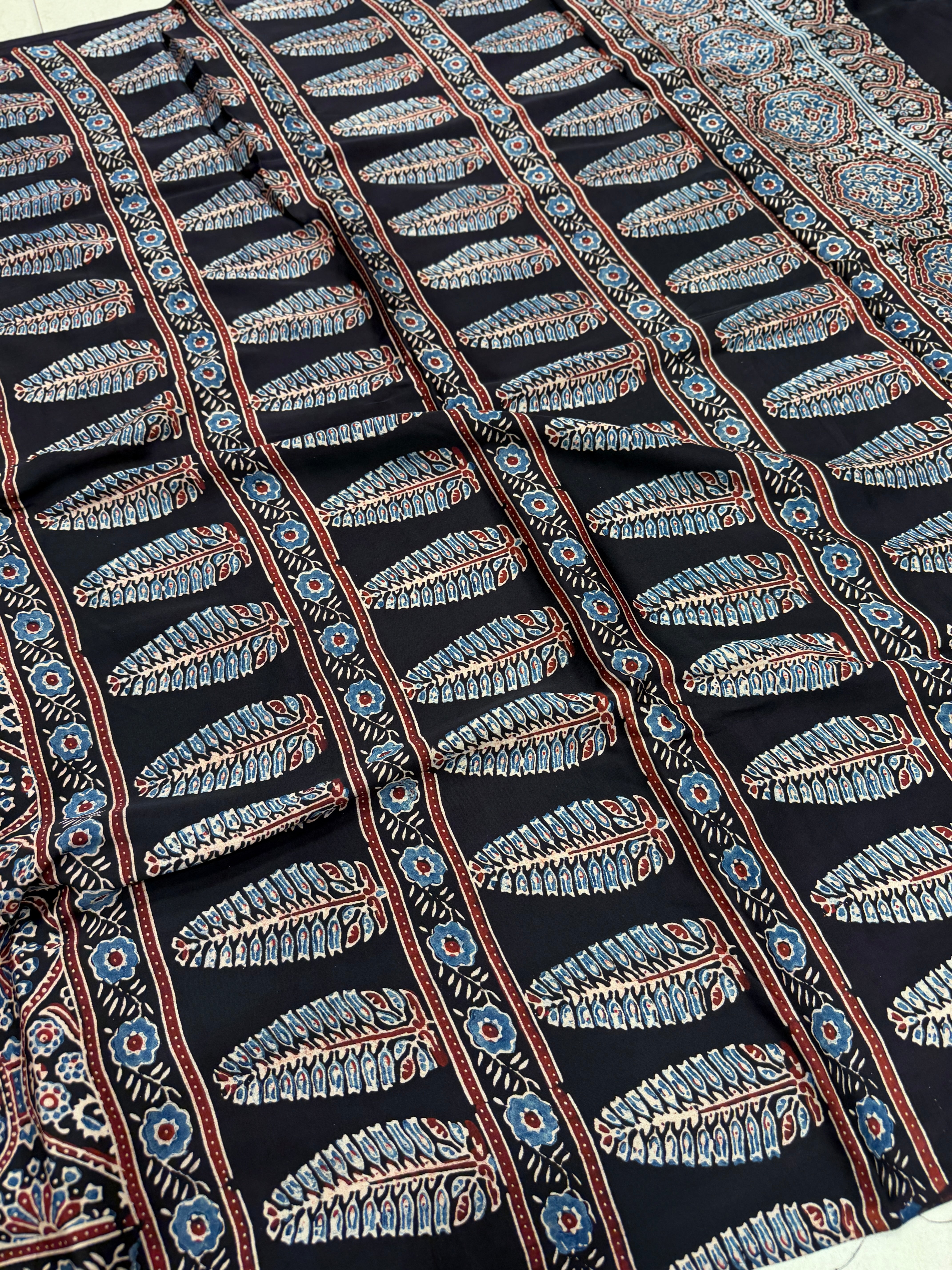 Black Coated Flower Butti Ajrakh Hand Block Print Pure Modal Silk Saree
