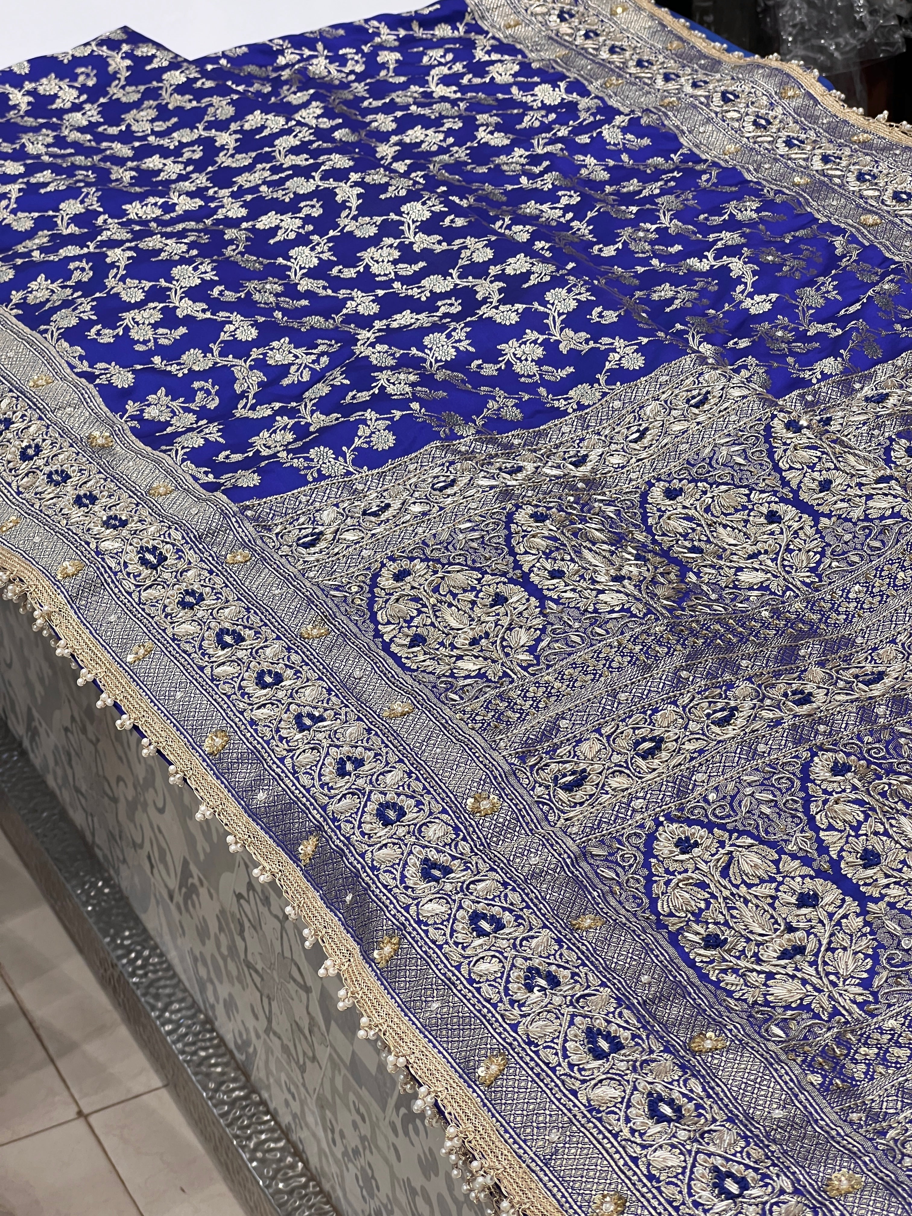 Ink Blue Banarasi Silk Resham Hand Embroidery Saree