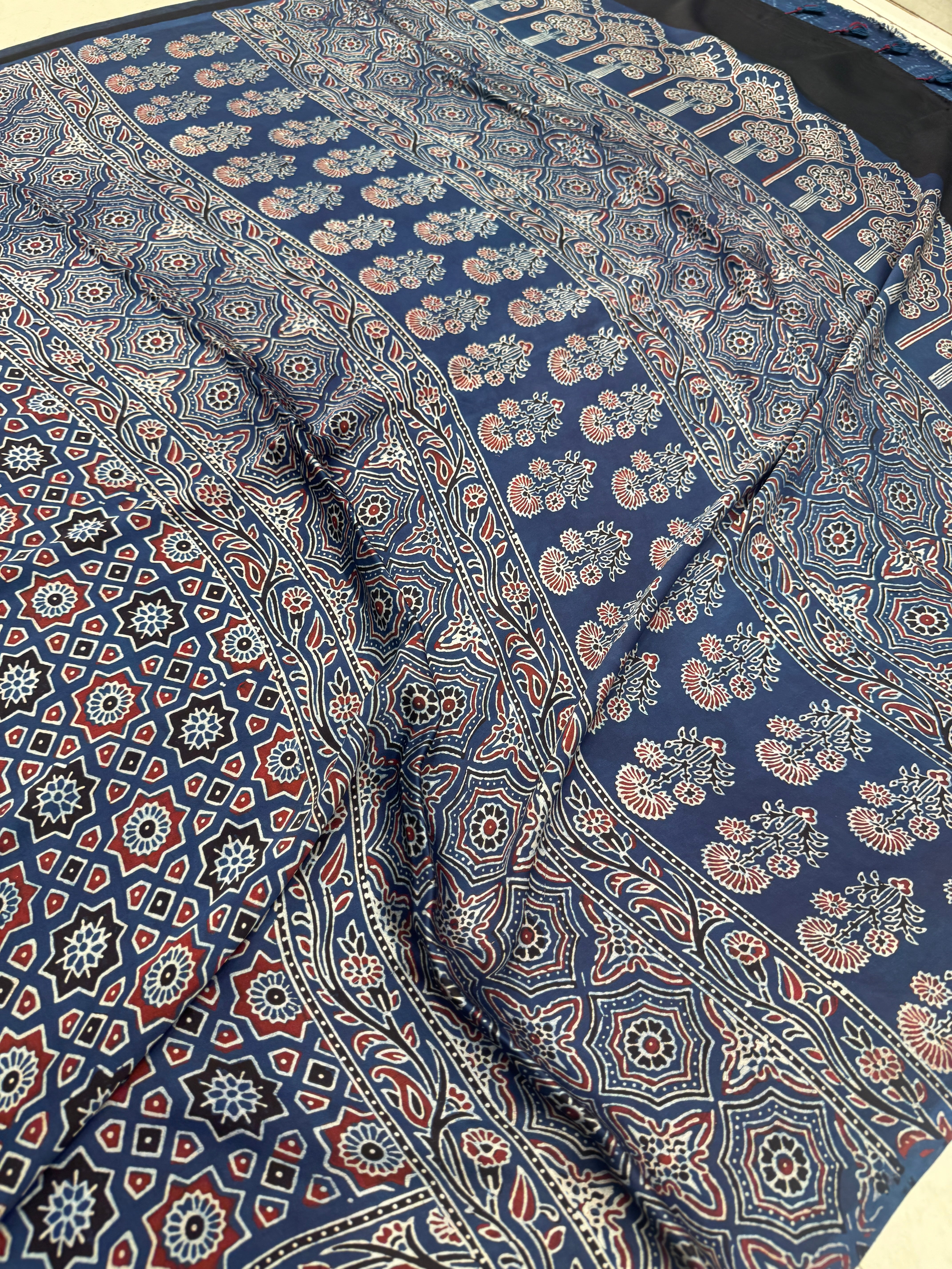 Blue Star Buttas Hand Block Print Ajrkah Pure Gajji Silk Saree