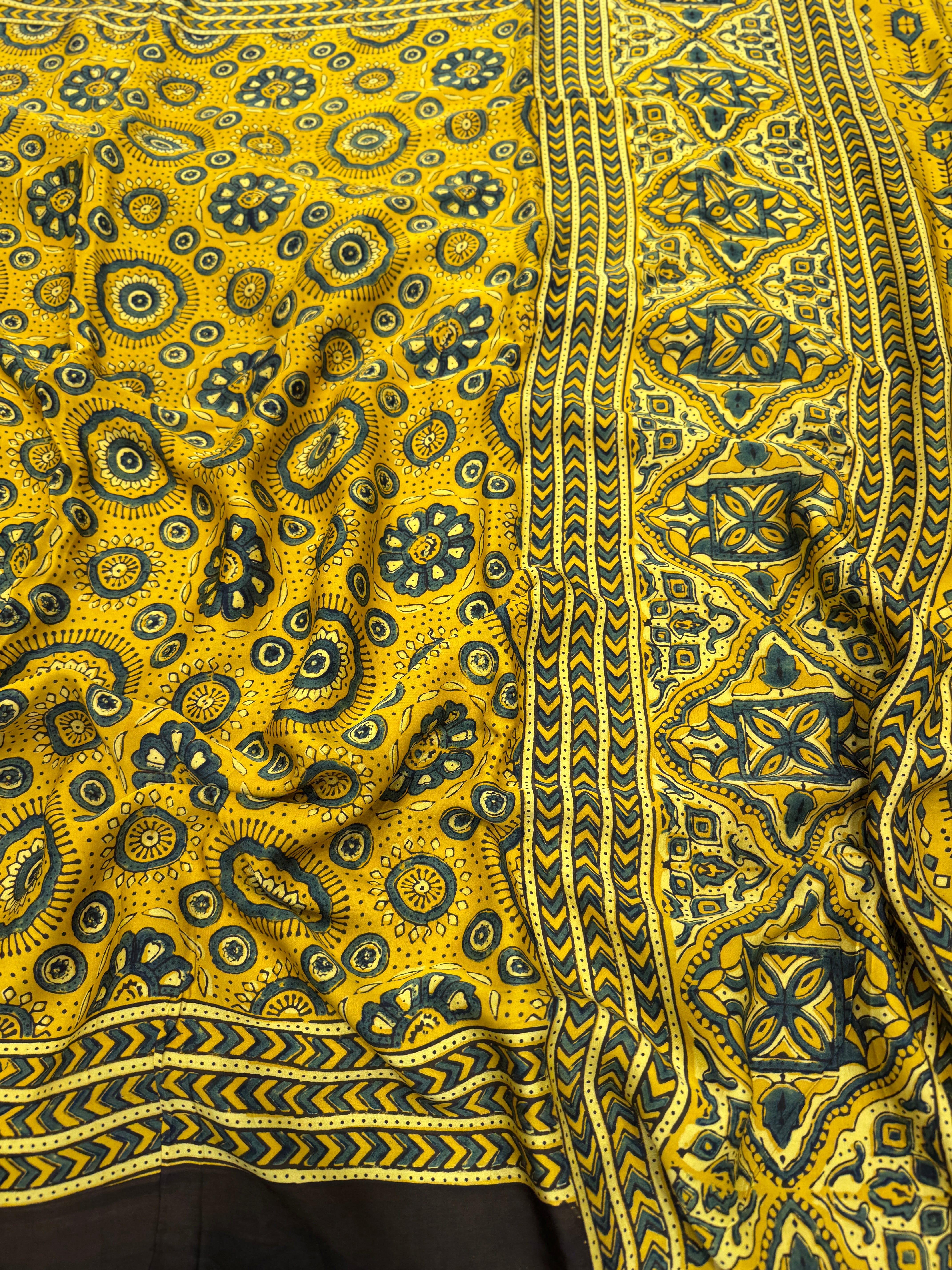 Yellow Floral Butta Pattern Ajrakh Hand Block Print Pure Gajji Silk Saree
