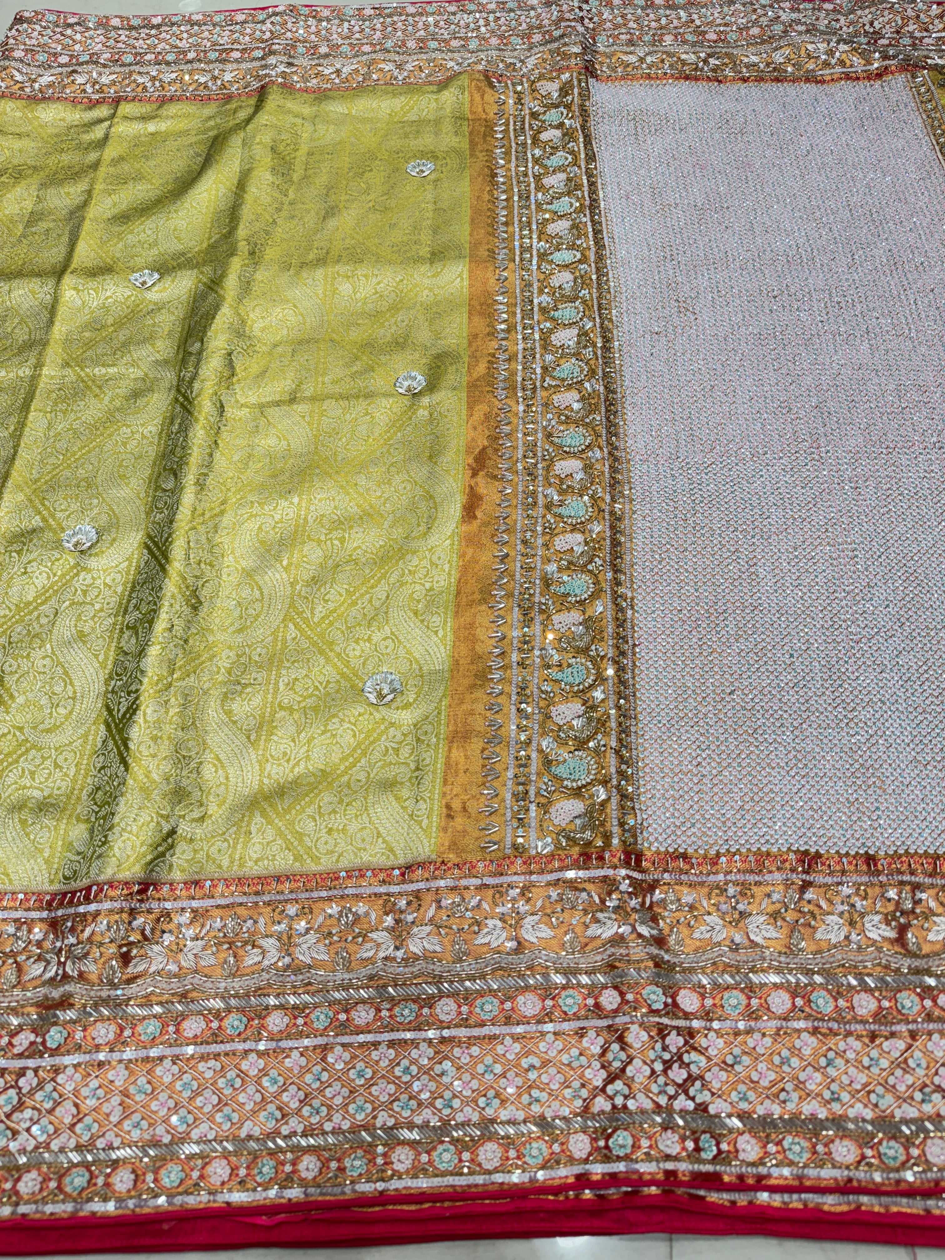Pista Green Rani Tissue Kanjivaram Hand Embroidery Saree