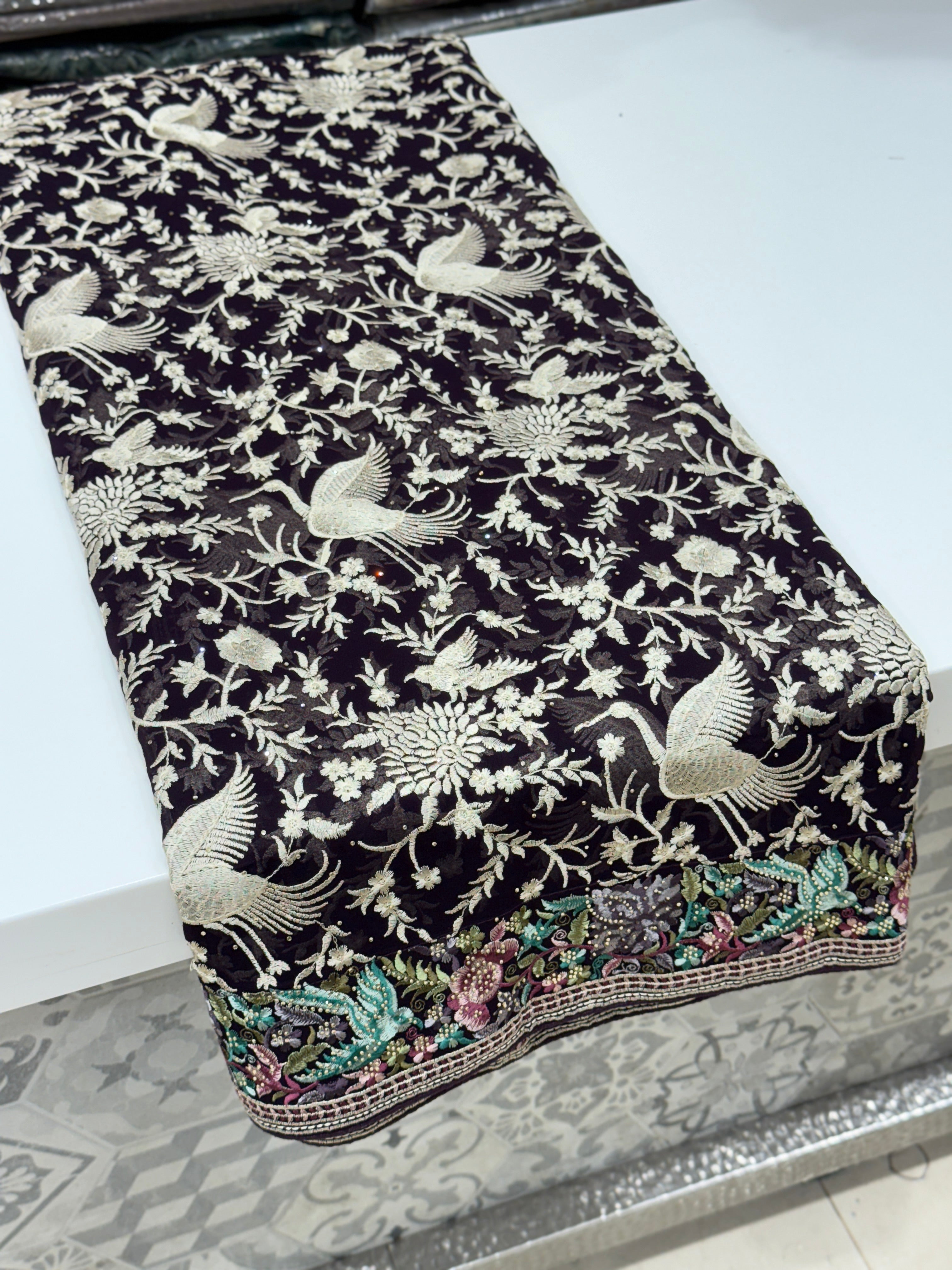 Black Parsi Gara Saree with Stone Work Resham Embroidery