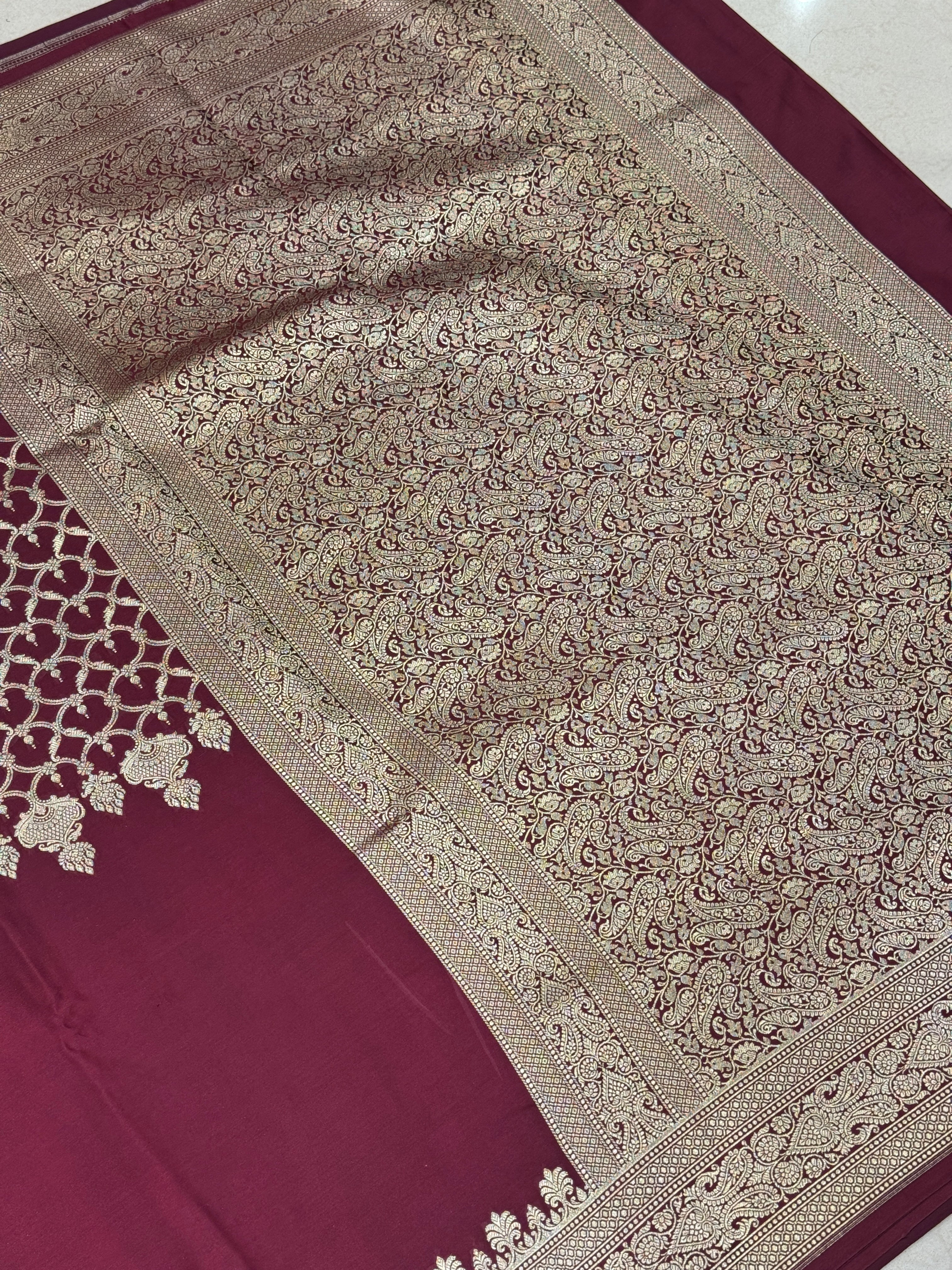 Wineish Maroon Banarasi Silk Half n Half Saree