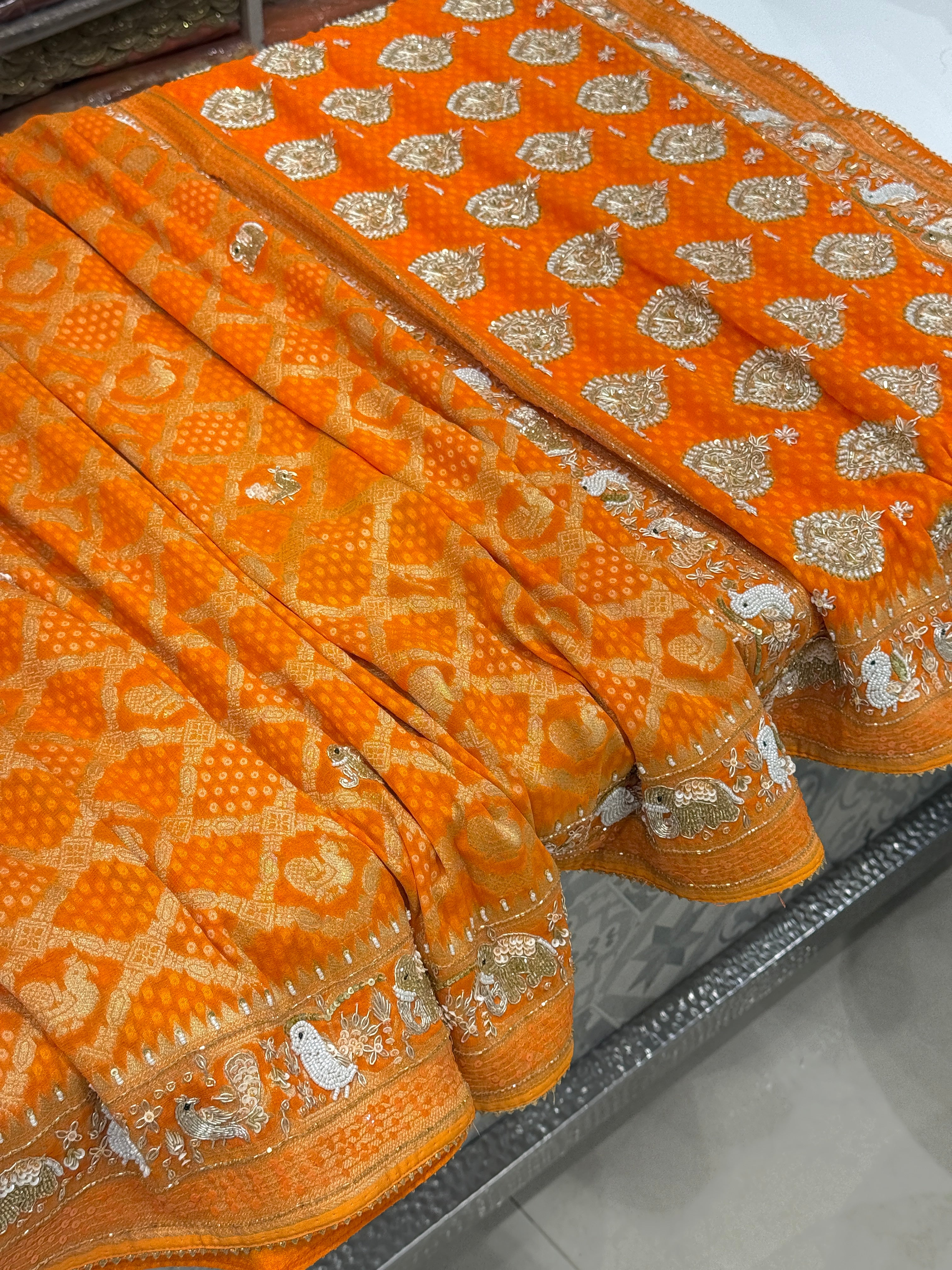 Orange Woven Bandhej Georgette Hand Embroidery Saree